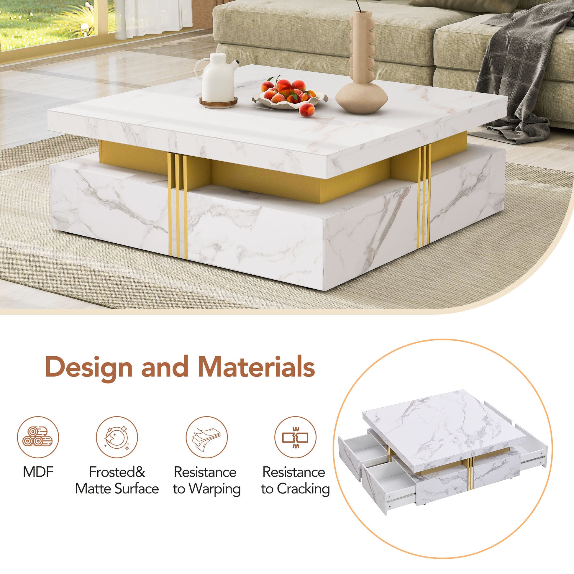 Modern White Square Storage Coffee Table With 4 Drawers White Mdf