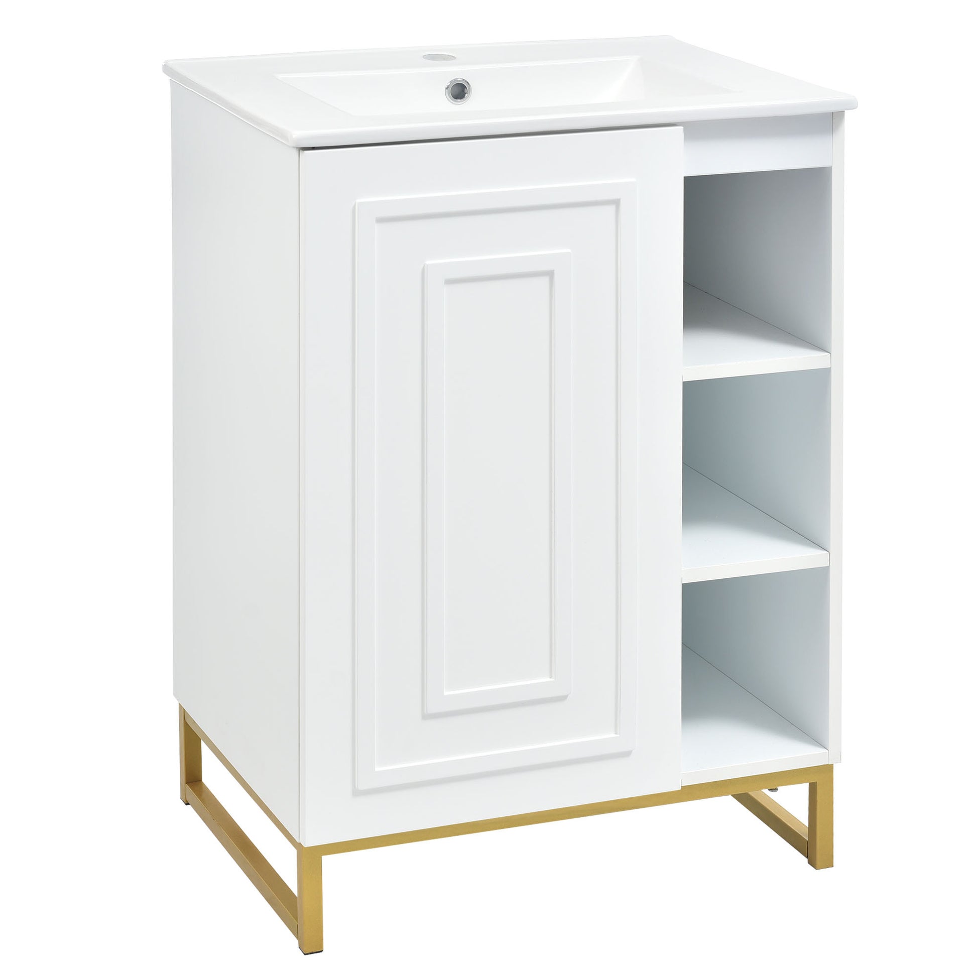 24Inch White Bathroom Vanity Sink Combo For Small Space, Modern Design With Ceramic Basin, Gold Legs And Semi Open Storage Faucet Not Included White Mdf