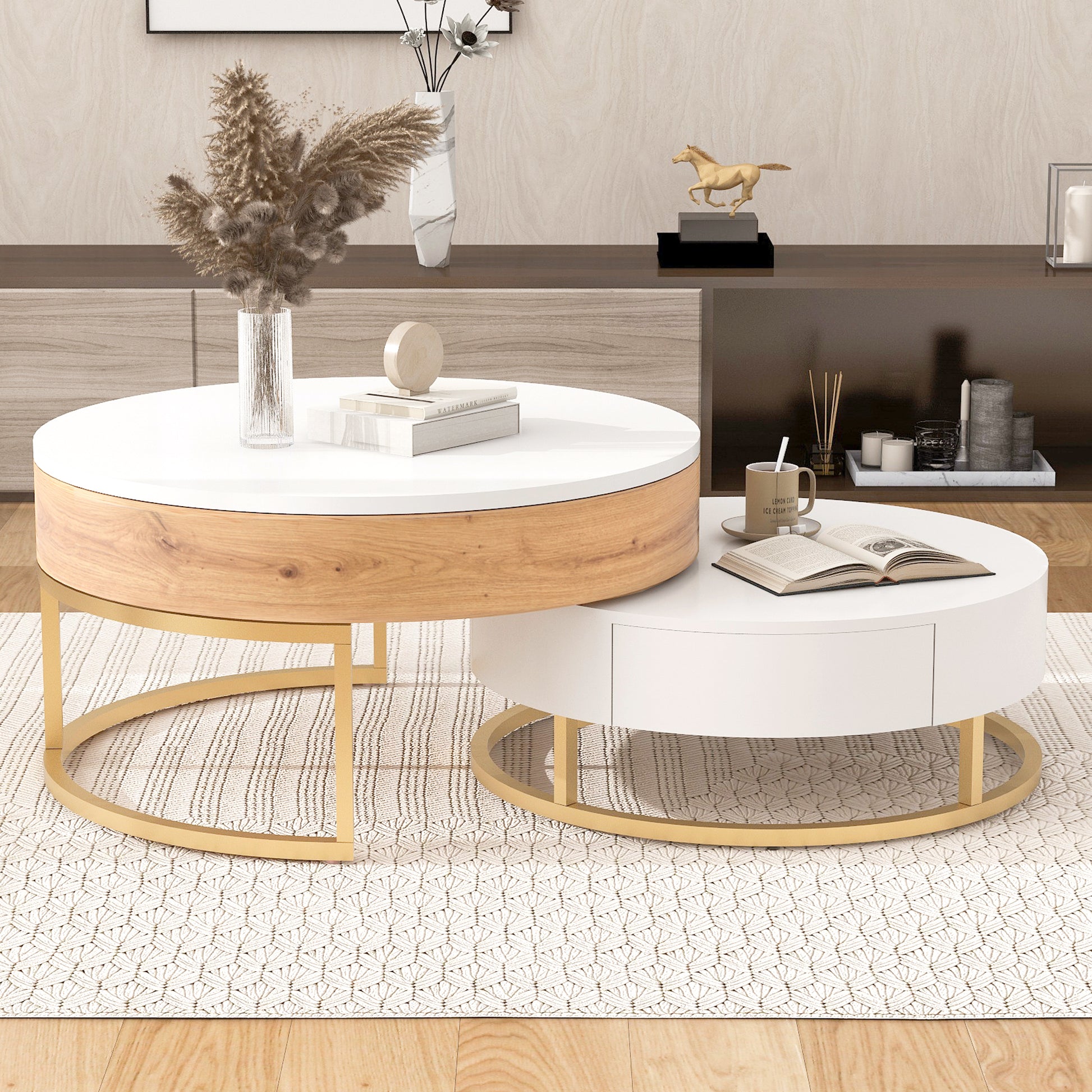 Modern Round Lift Top Nesting Coffee Tables With 2 Drawers White & Natural Oak Natural Wood Antique White Mdf