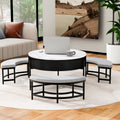 Modern Round Lift Top Coffee Table With Storage & 3 Ottoman White & Black Black Mdf