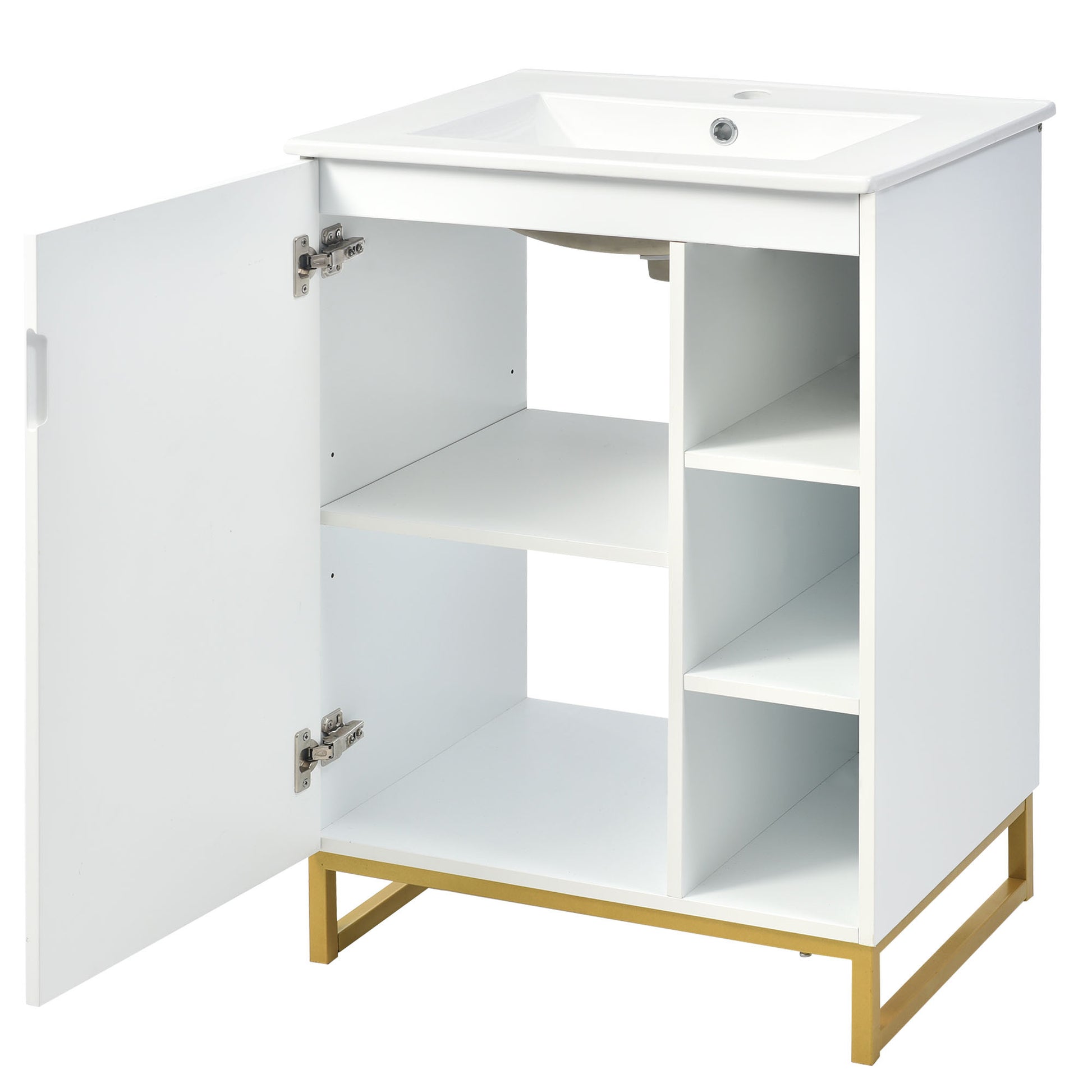 24Inch White Bathroom Vanity Sink Combo For Small Space, Modern Design With Ceramic Basin, Gold Legs And Semi Open Storage Faucet Not Included White Mdf