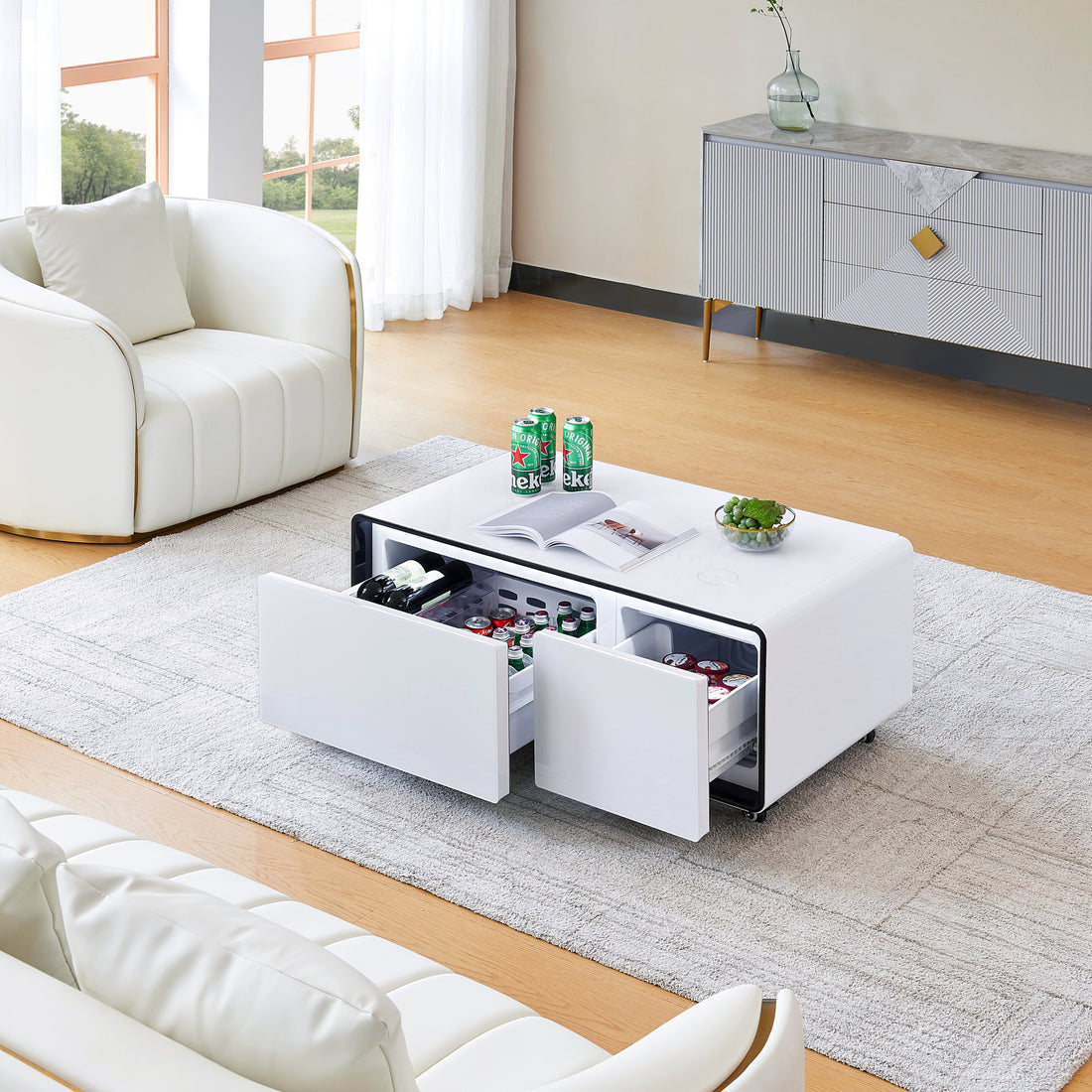 Smart Table Fridge, Multifunctional Coffee Table With Cooler And Frozen White Tempered Glass
