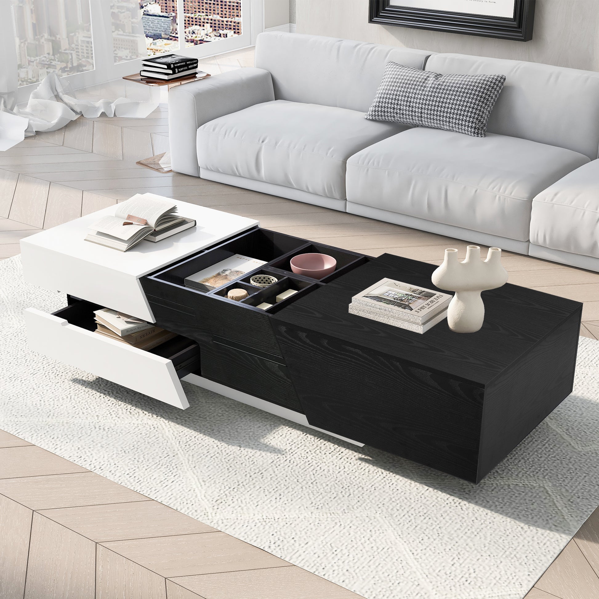 Modern Extendable Sliding Top Coffee Table With Storage In White&Black White Black Mdf