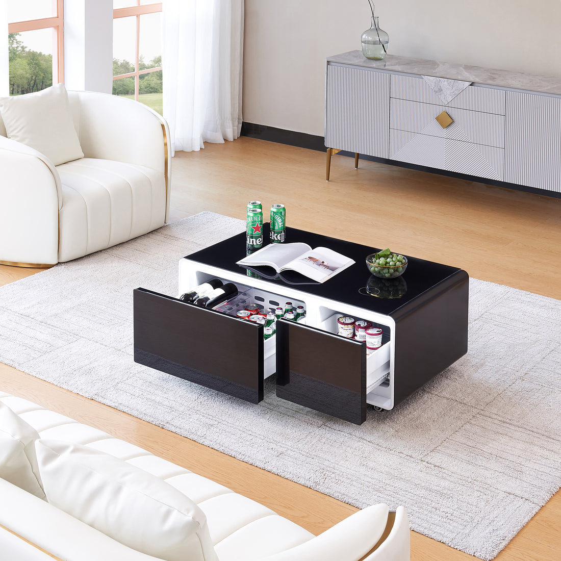 Smart Table Fridge, Multifunctional Coffee Table With Cooler And Frozen Black Tempered Glass