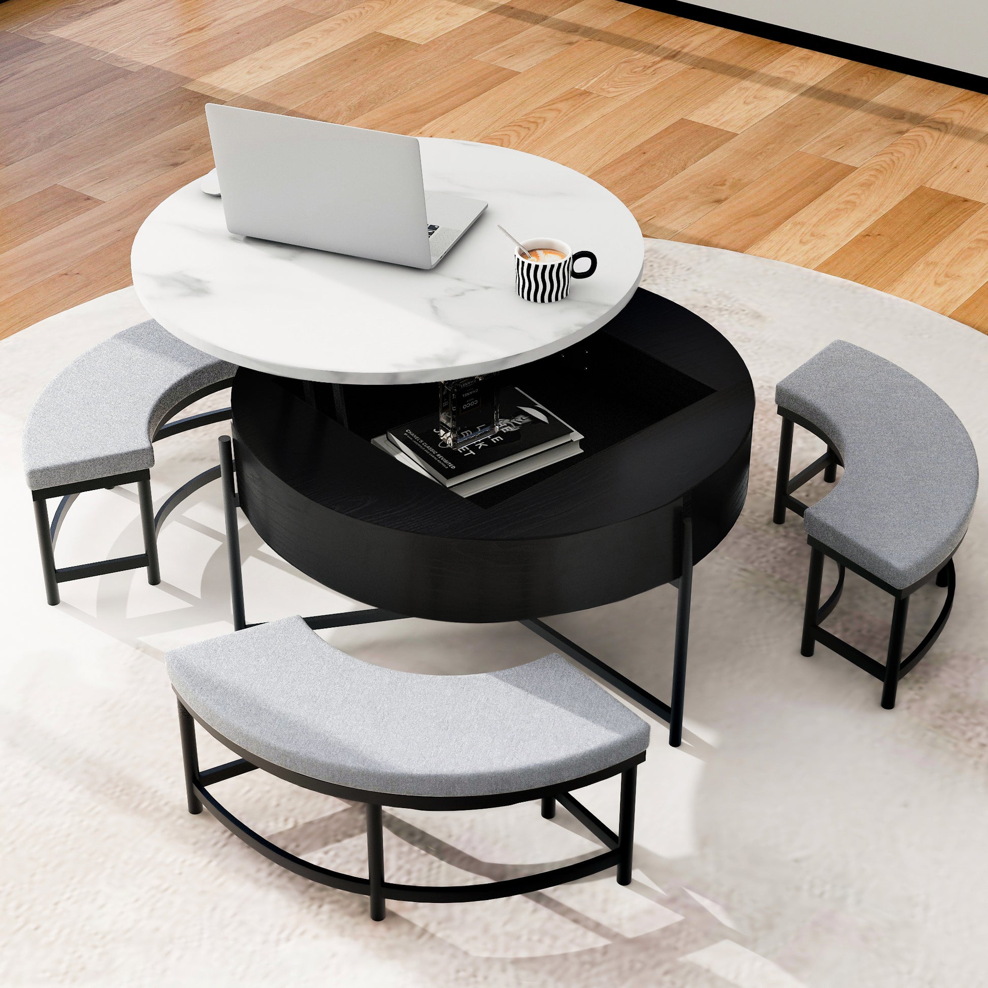 Modern Round Lift Top Coffee Table With Storage & 3 Ottoman White & Black Black Mdf