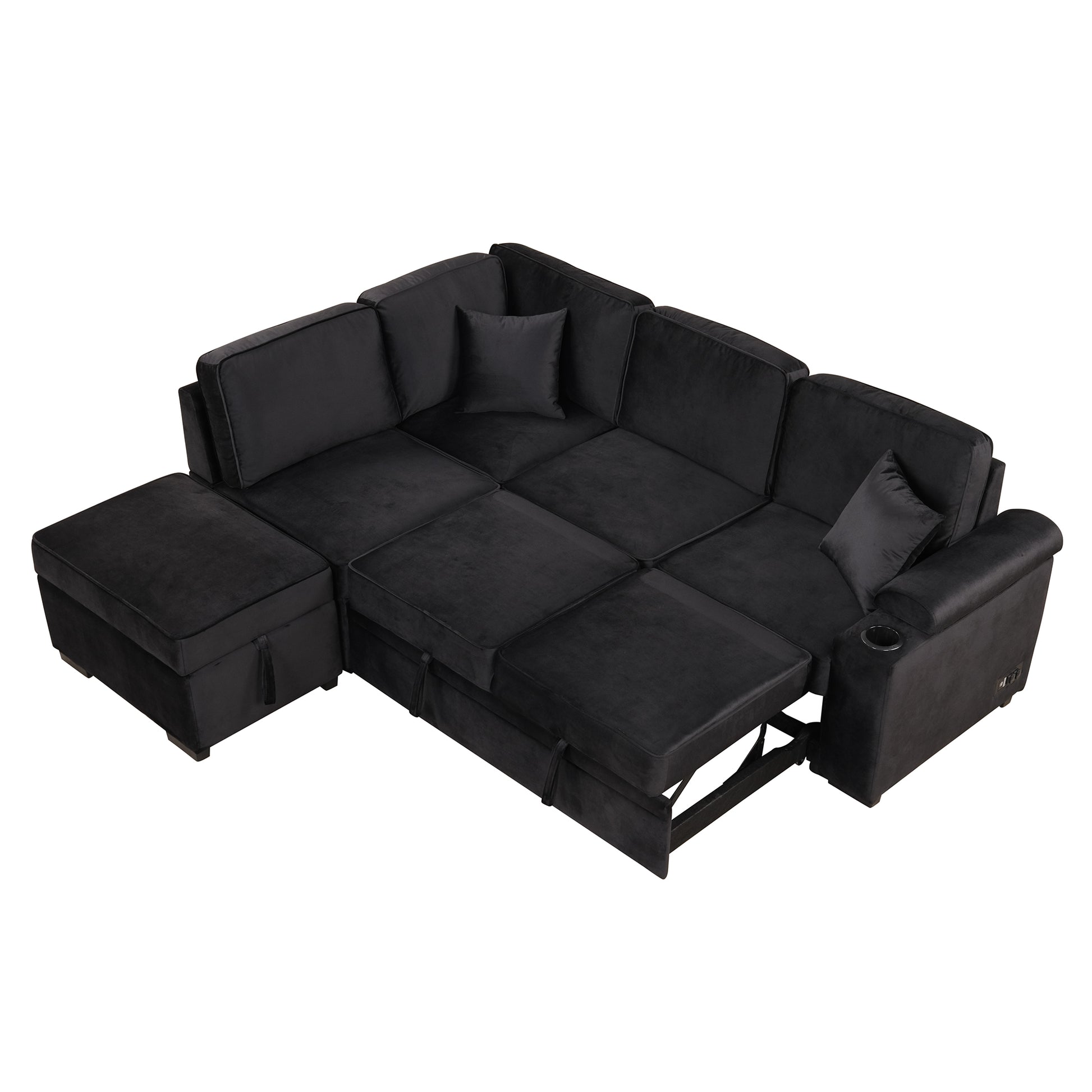 84.75" Sleeper Sofa Bed,2 In 1 Pull Out Sofa Bed L Shape Couch With Storage Ottoman For Living Room,Bedroom Couch And Small Apartment, Black Black Foam Velvet 4 Seat