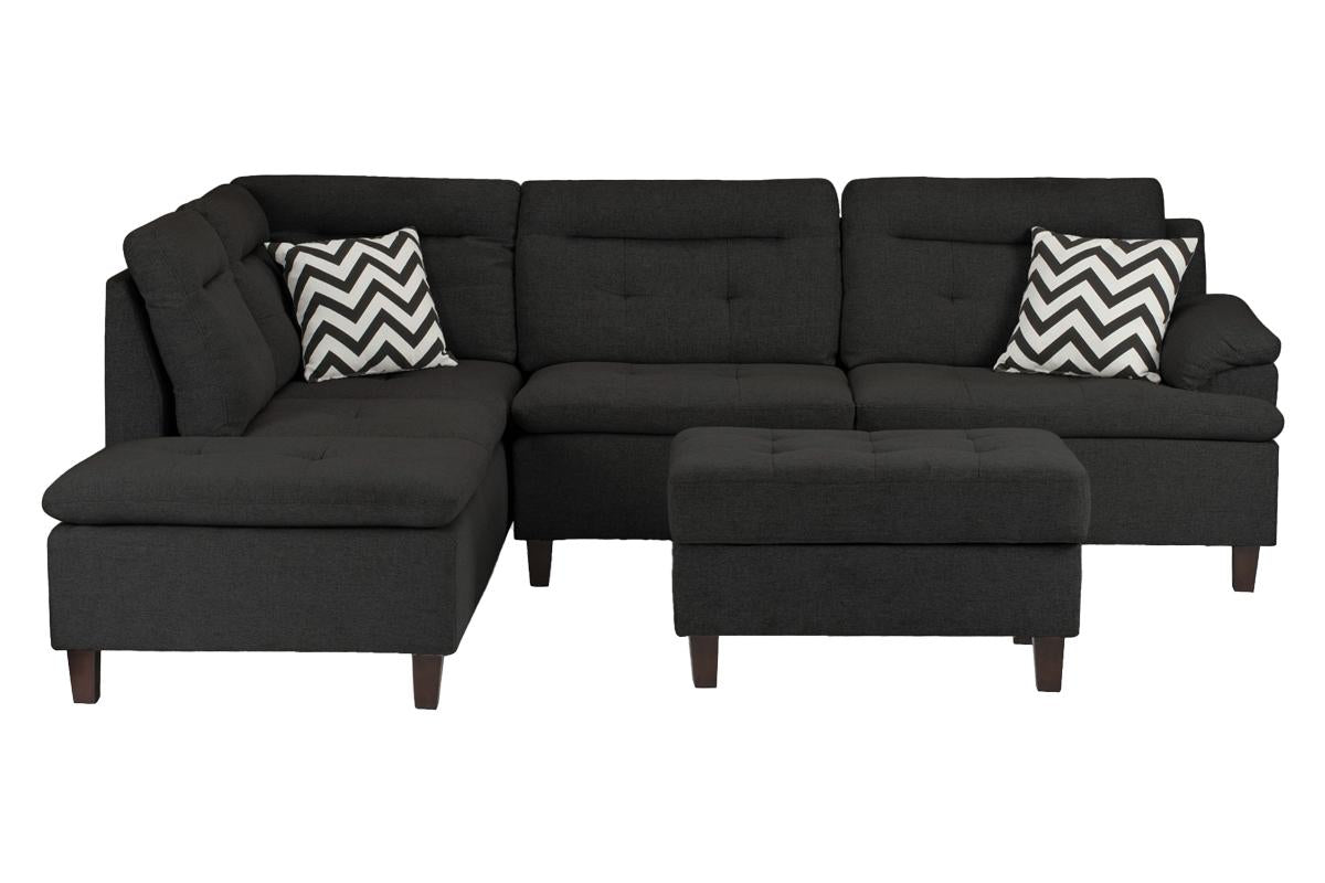 Living Room Furniture Black Cushion Sectional W Ottoman Linen Like Fabric Sofa Chaise Black Wood Primary Living Space Cushion Back Classic,Contemporary,Modern L Shaped Pine Pillow Top Arms Solid Wood 4 Seat