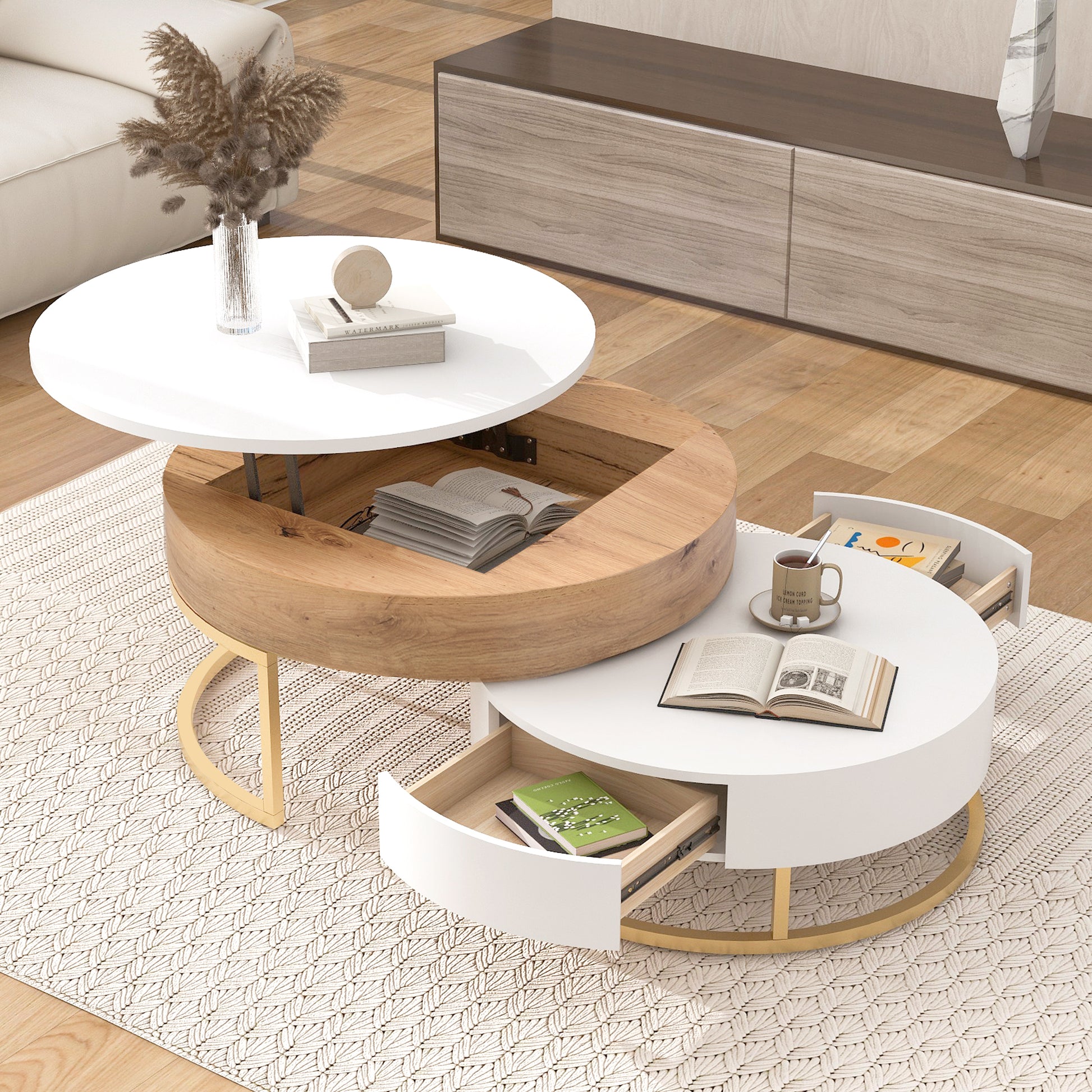 Modern Round Lift Top Nesting Coffee Tables With 2 Drawers White & Natural Oak Natural Wood Antique White Mdf