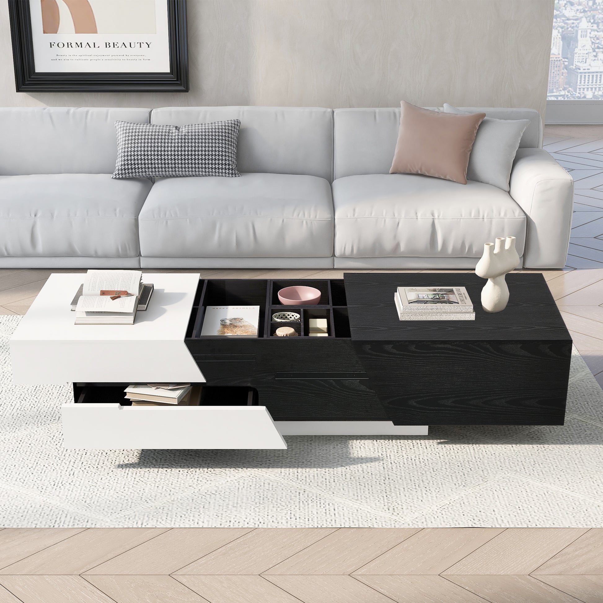 Modern Extendable Sliding Top Coffee Table With Storage In White&Black White Black Mdf