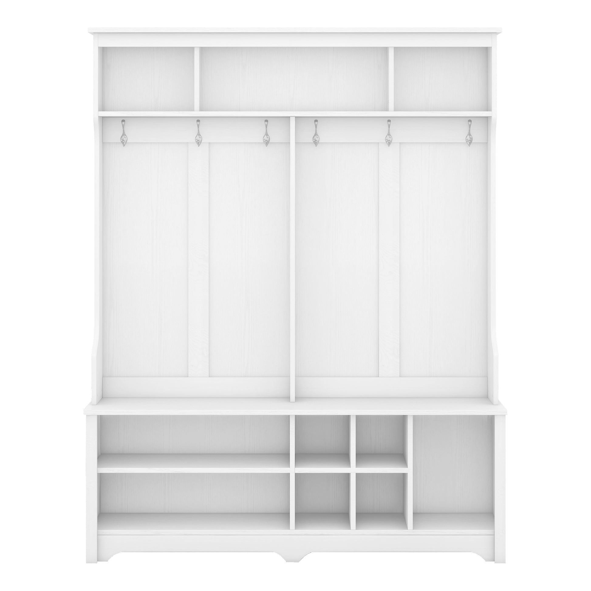 Modern Hallway Hall Tree With Metal Hooks And Storage Space, Multi Functional Entryway Coat Rack With Shoe Cubbies, White Pre Sale Date: December 18Th White Mdf