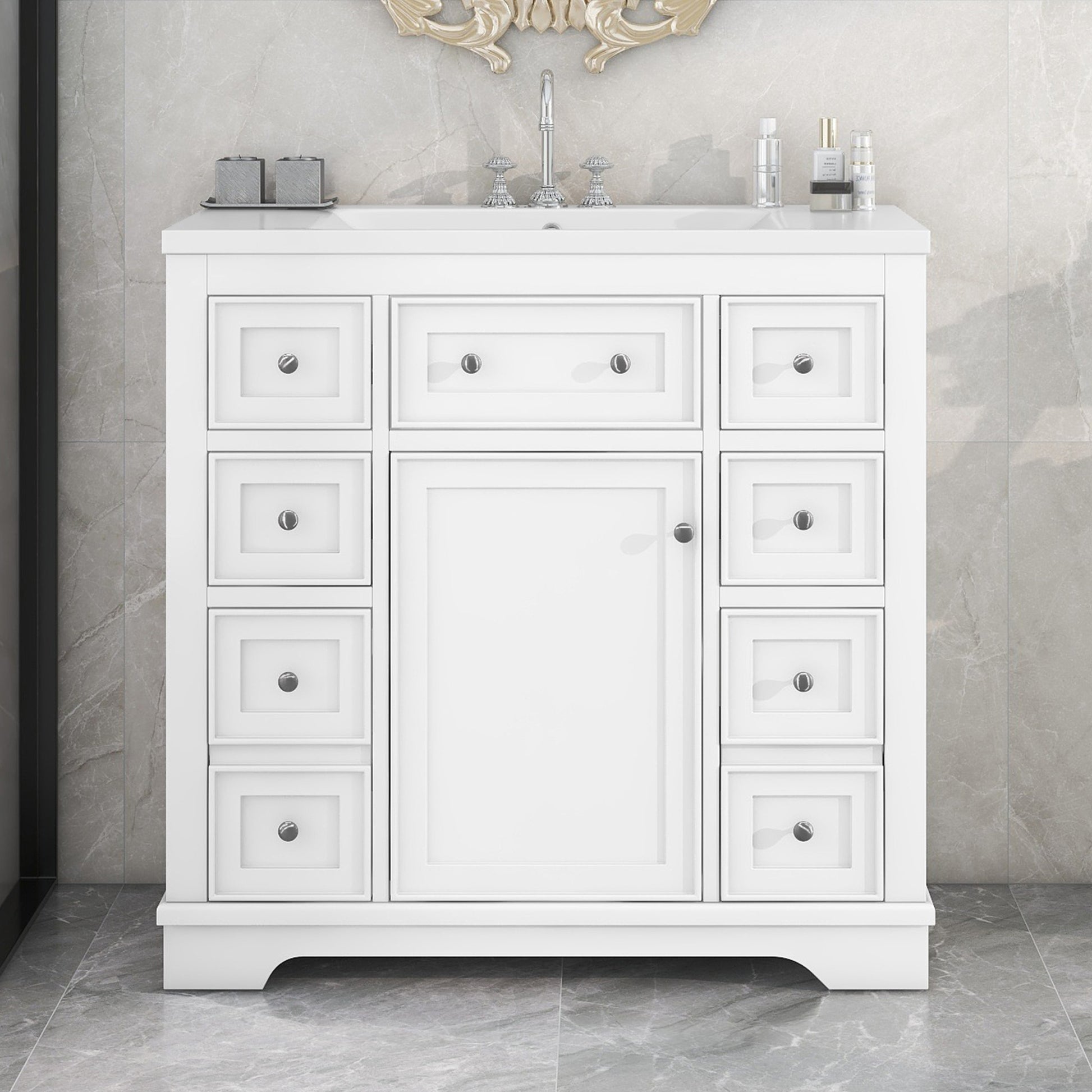 36" Bathroom Vanity With Sink Combo, One Cabinet And Six Drawers, Solid Wood And Mdf Board, White White Solid Wood Mdf