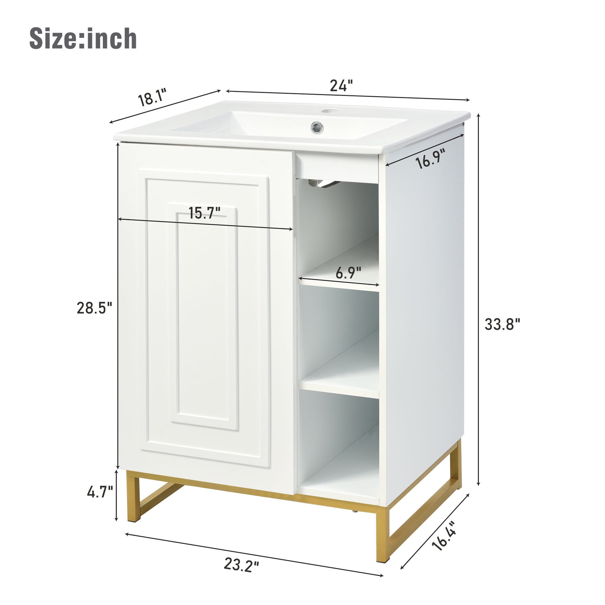 24Inch White Bathroom Vanity Sink Combo For Small Space, Modern Design With Ceramic Basin, Gold Legs And Semi Open Storage Faucet Not Included White Mdf