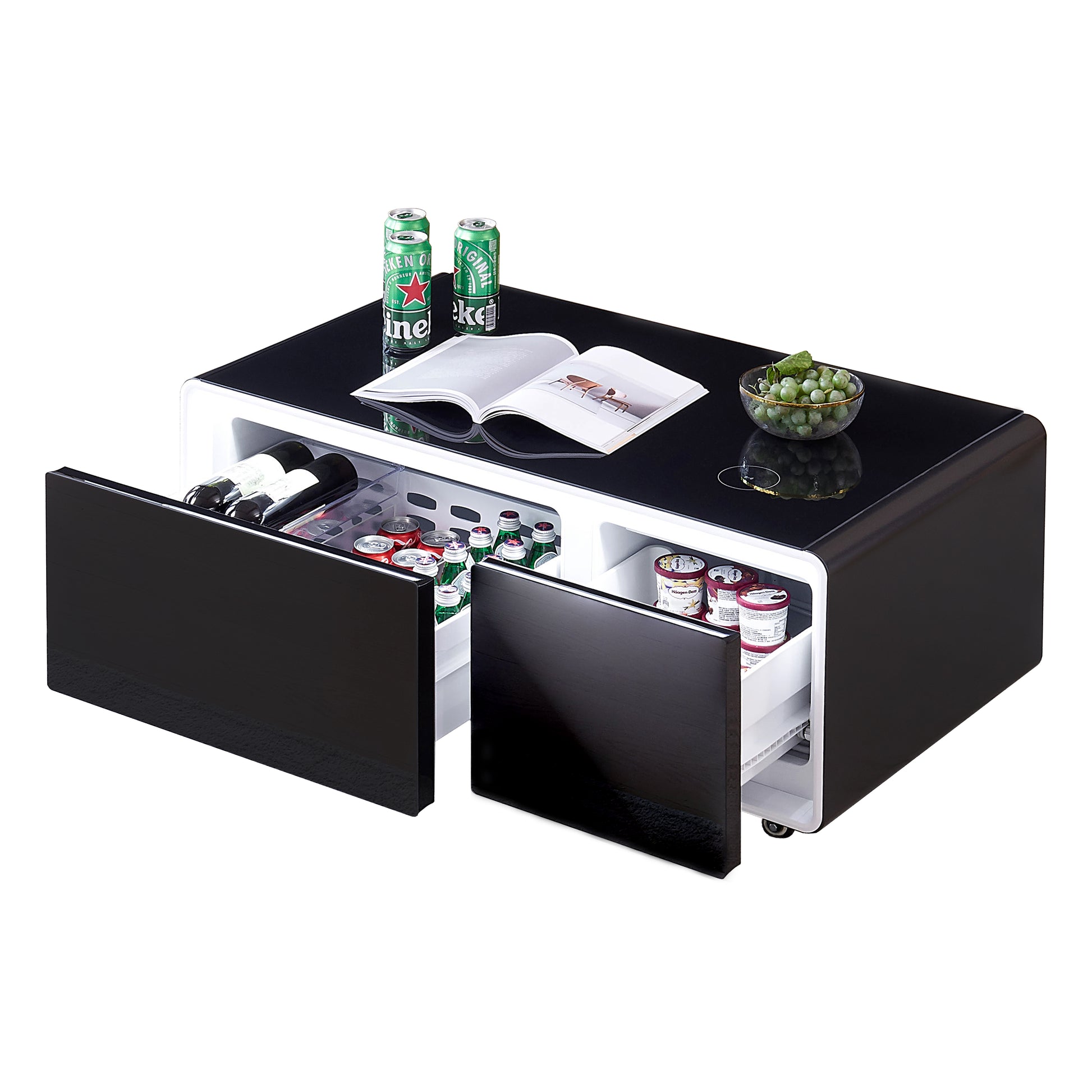 Smart Table Fridge, Multifunctional Coffee Table With Cooler And Frozen Black Tempered Glass