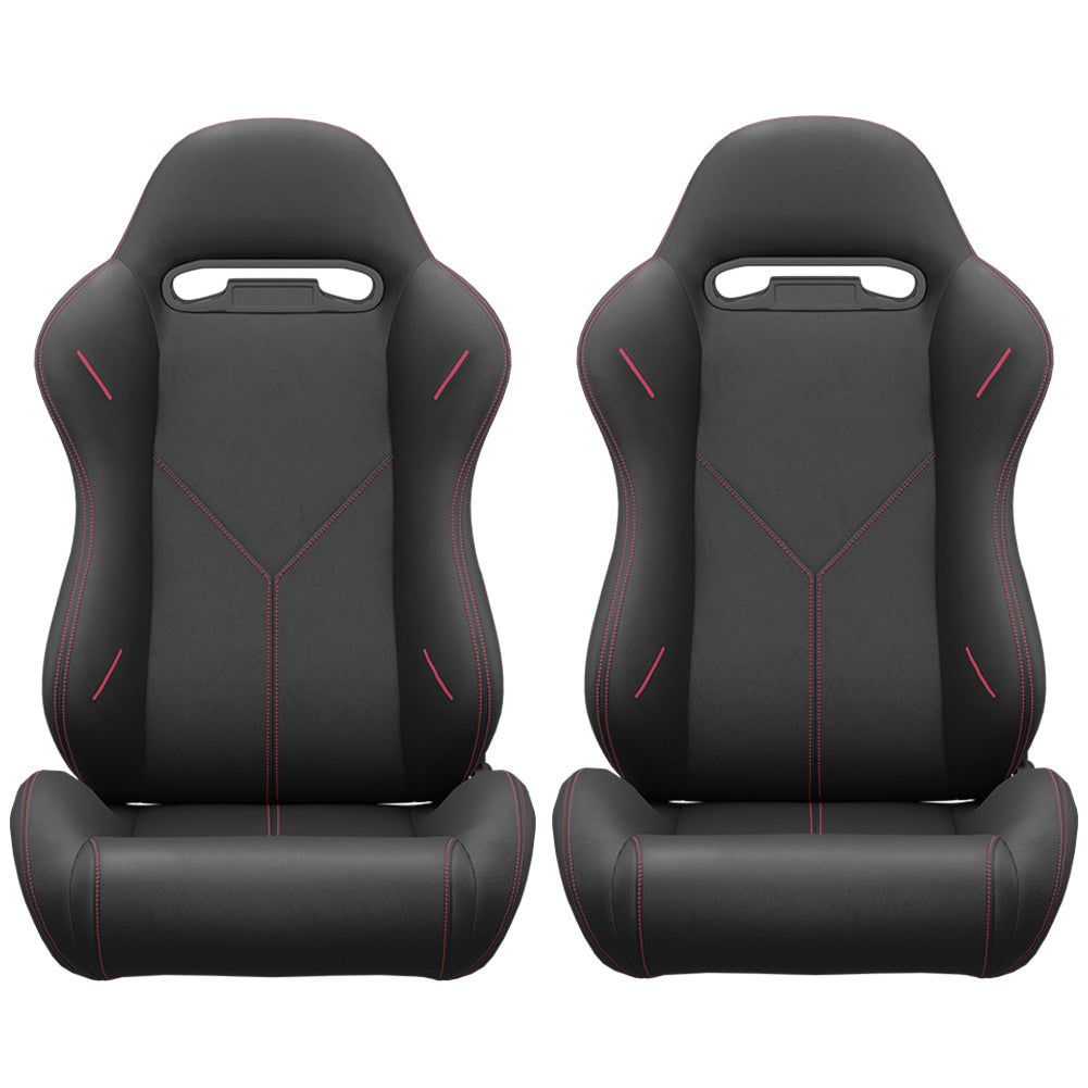 2PC Universal Bucket Racing Seats Red Stitch Red PVC black-pvc