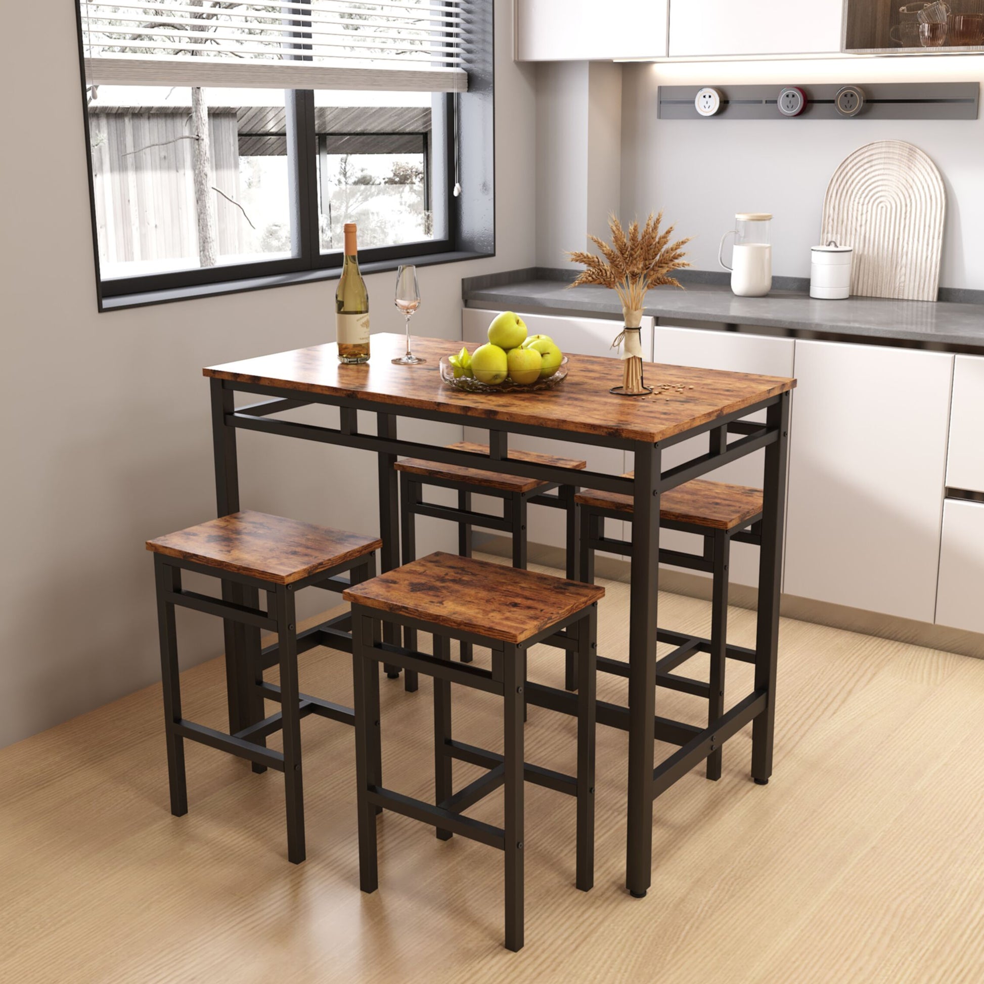 Bar Table Set 5Pc Dinging Table Set With High Stools, Structural Strengthening, Industrial Style. Rustic Brown, 43.31'' L X 23.62'' W X 35.43'' H. Rustic Brown Particle Board