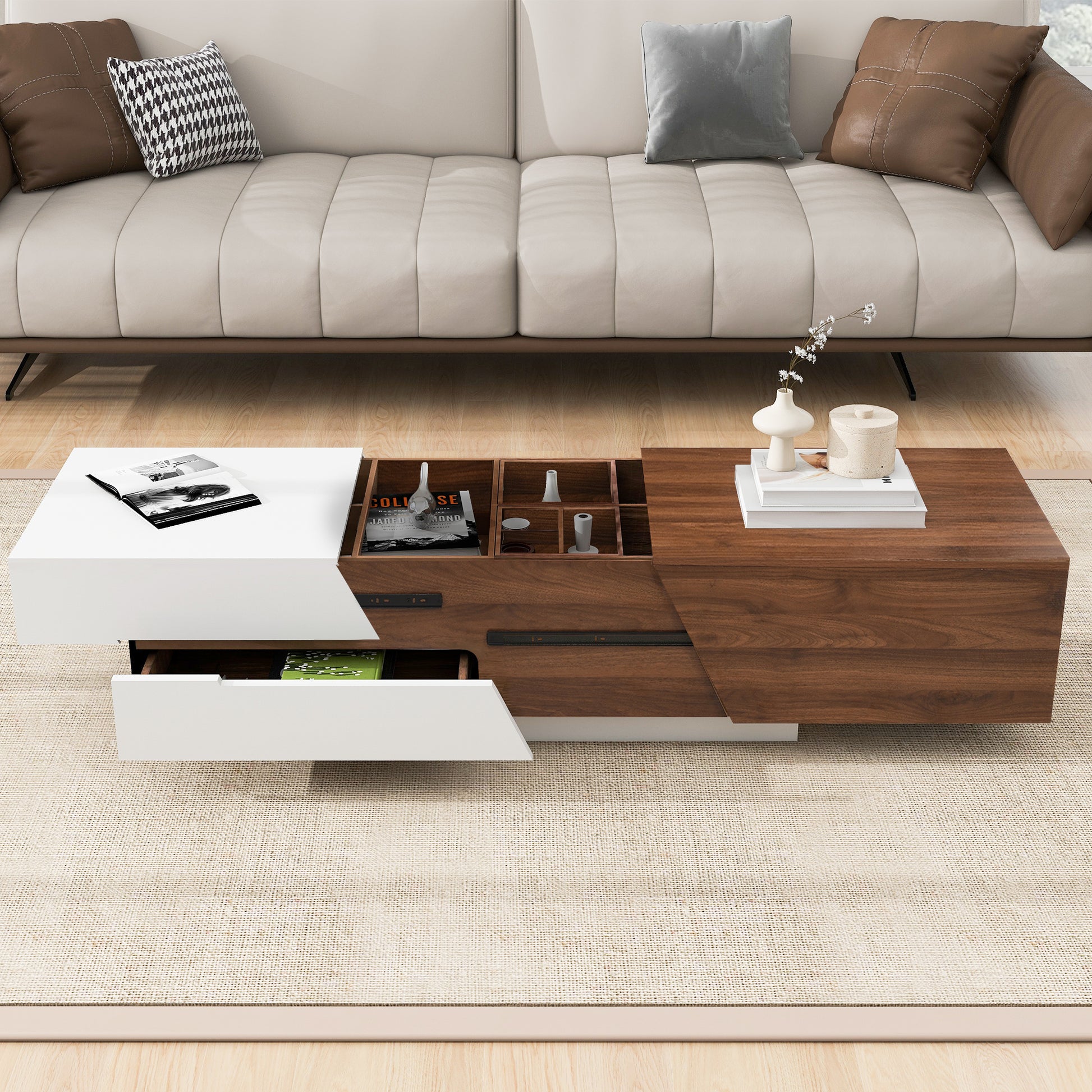 Modern Extendable Sliding Top Coffee Table With Storage In White&Walnut White Walnut Mdf