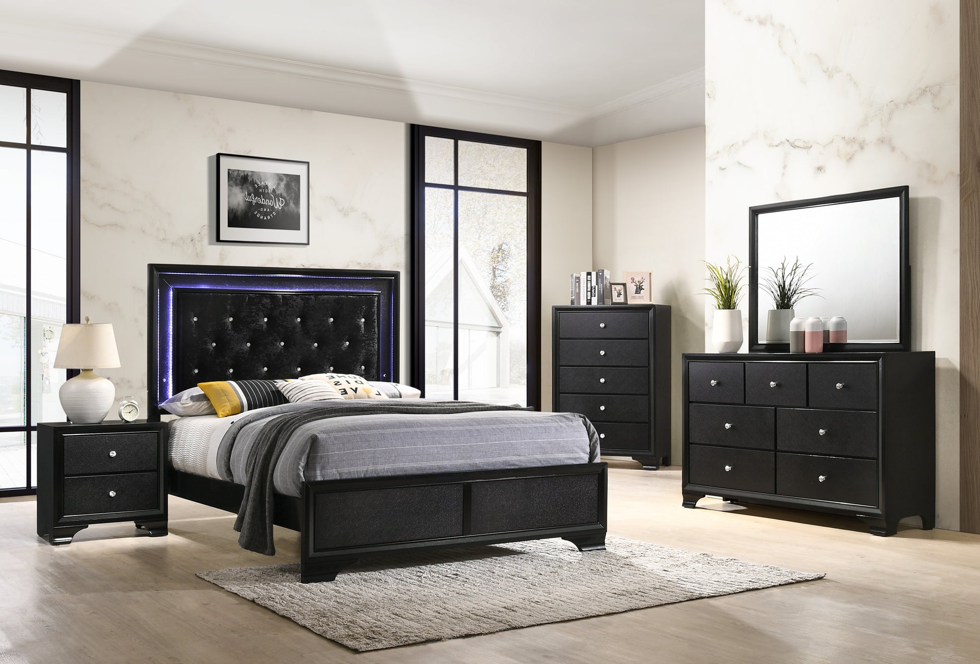 modern glam dresser Furniture of America Knull Glossy Glam White 6-Drawer 59 in. Dresser with Mirror with Embedded LED Lighting IDF-N72010WH-DM