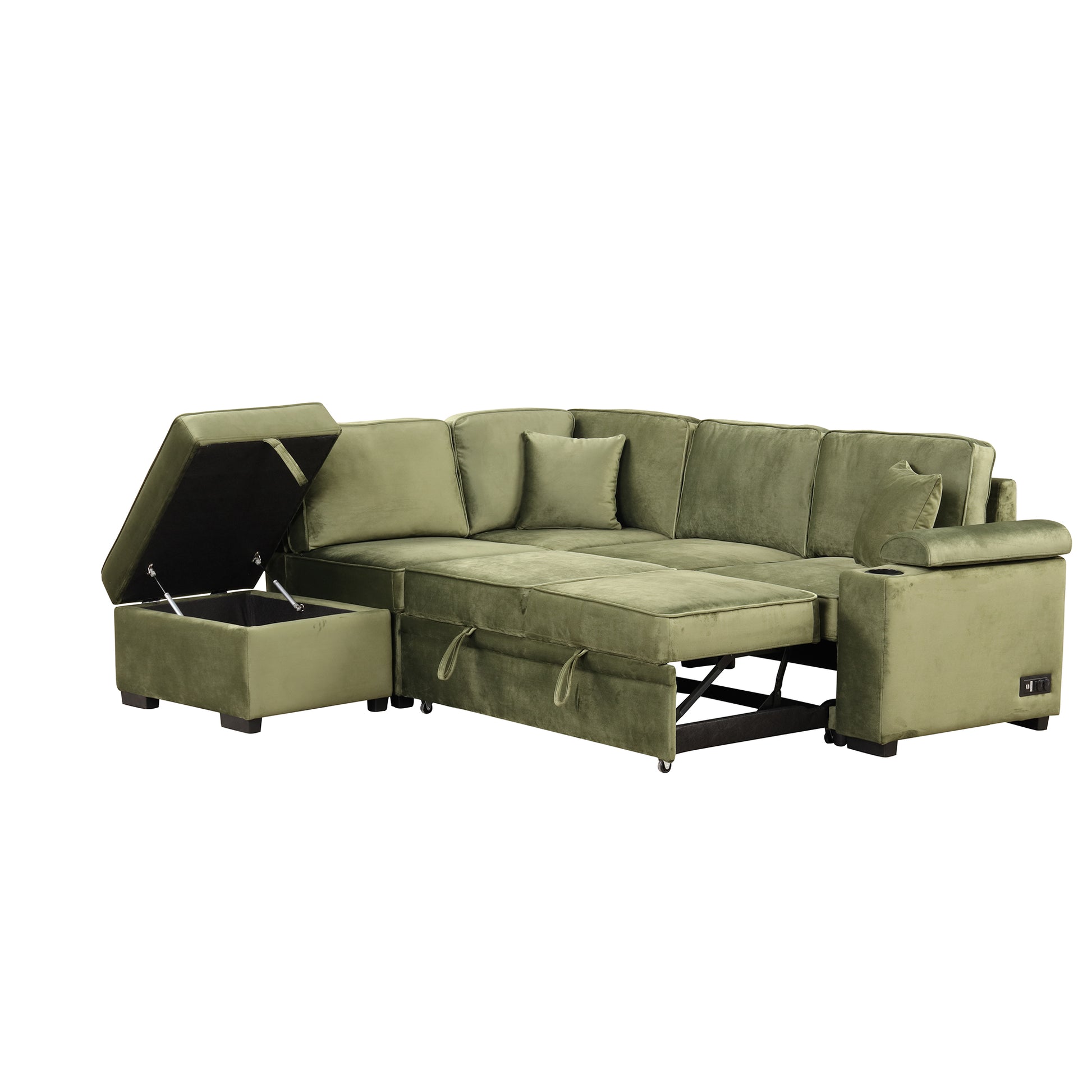 84.75" Sleeper Sofa Bed,2 In 1 Pull Out Sofa Bed L Shape Couch With Storage Ottoman For Living Room,Bedroom Couch And Small Apartment, Green Green Foam Velvet 4 Seat