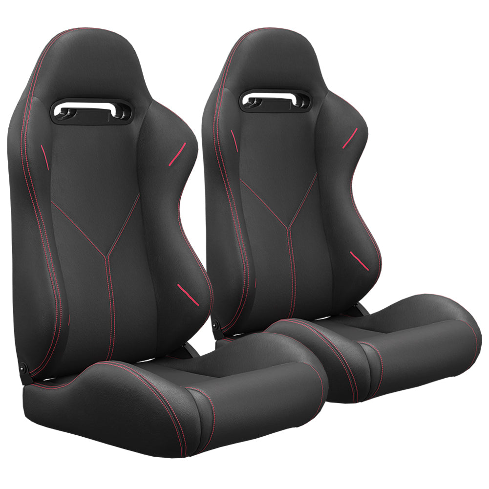 2PC Universal Bucket Racing Seats Red Stitch Red PVC black-pvc