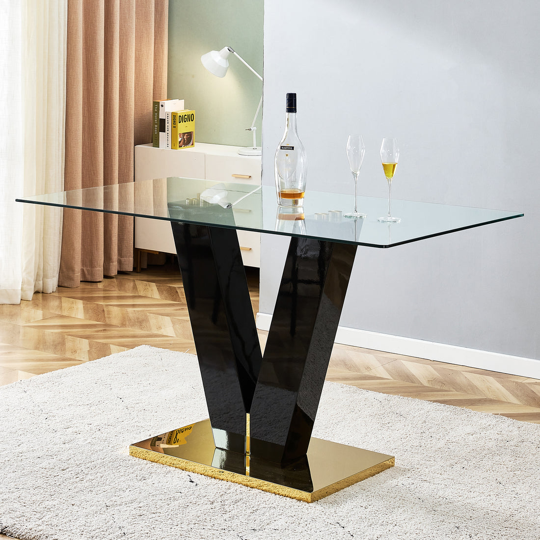 Large Modern Minimalist Rectangular Glass Dining Table For 6 8 With 0.39" Tempered Glass Tabletop And Mdf Slab V Shaped Bracket,For Kitchen Dining Living Meeting Room Banquet Hall F V 16090 Trb