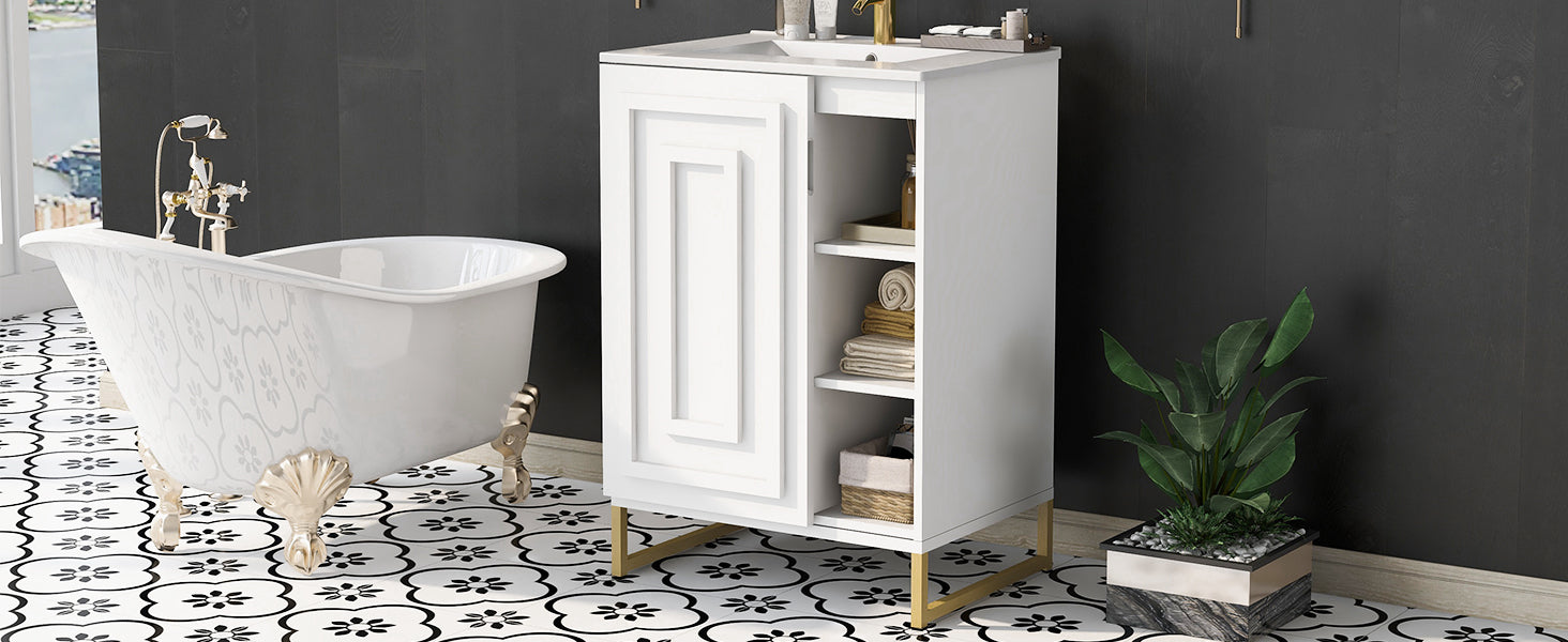 24Inch White Bathroom Vanity Sink Combo For Small Space, Modern Design With Ceramic Basin, Gold Legs And Semi Open Storage Faucet Not Included White Mdf