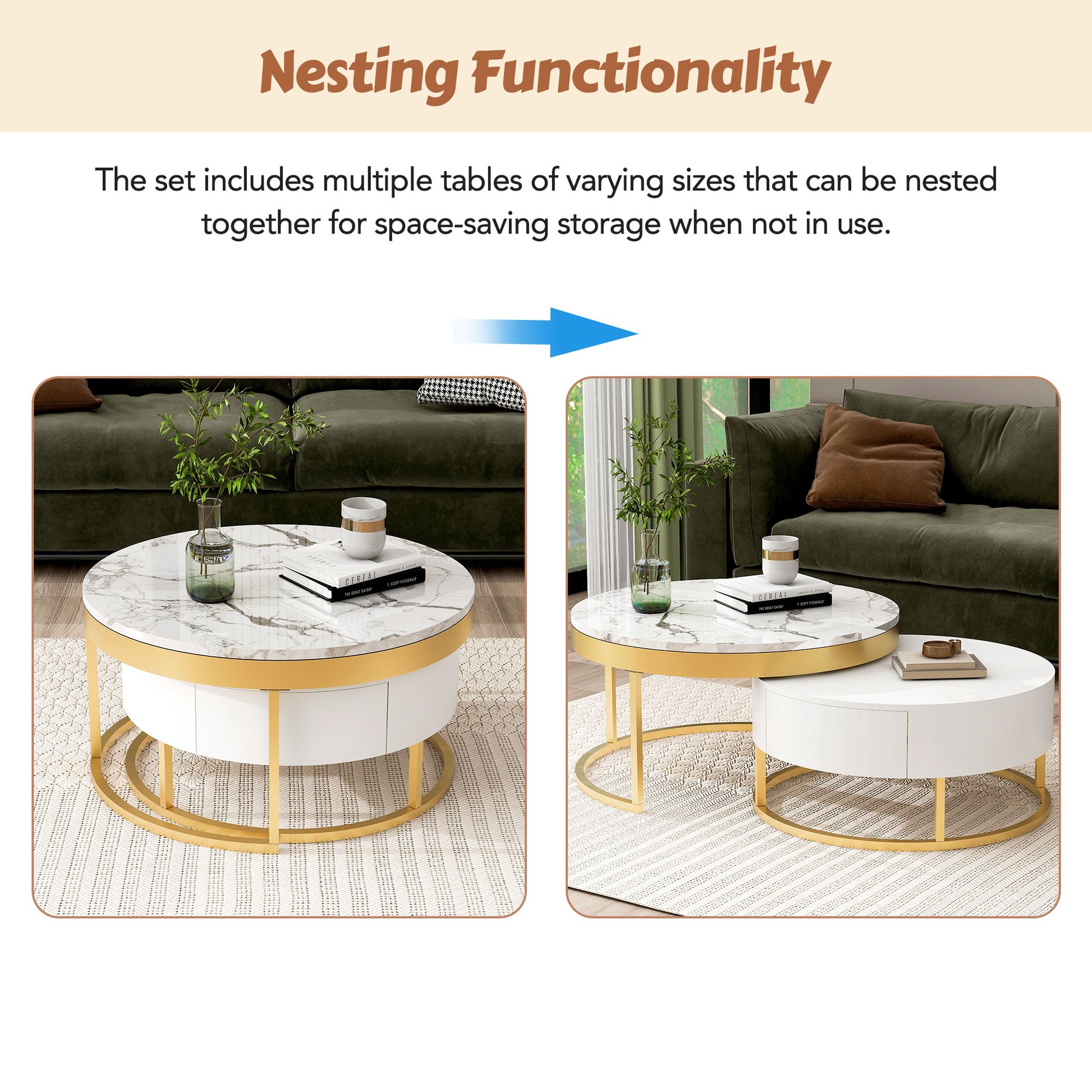 Modern Round Nesting Coffee Table With Drawers In White Golden White Mdf