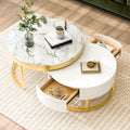 Modern Round Nesting Coffee Table With Drawers In White Golden White Mdf