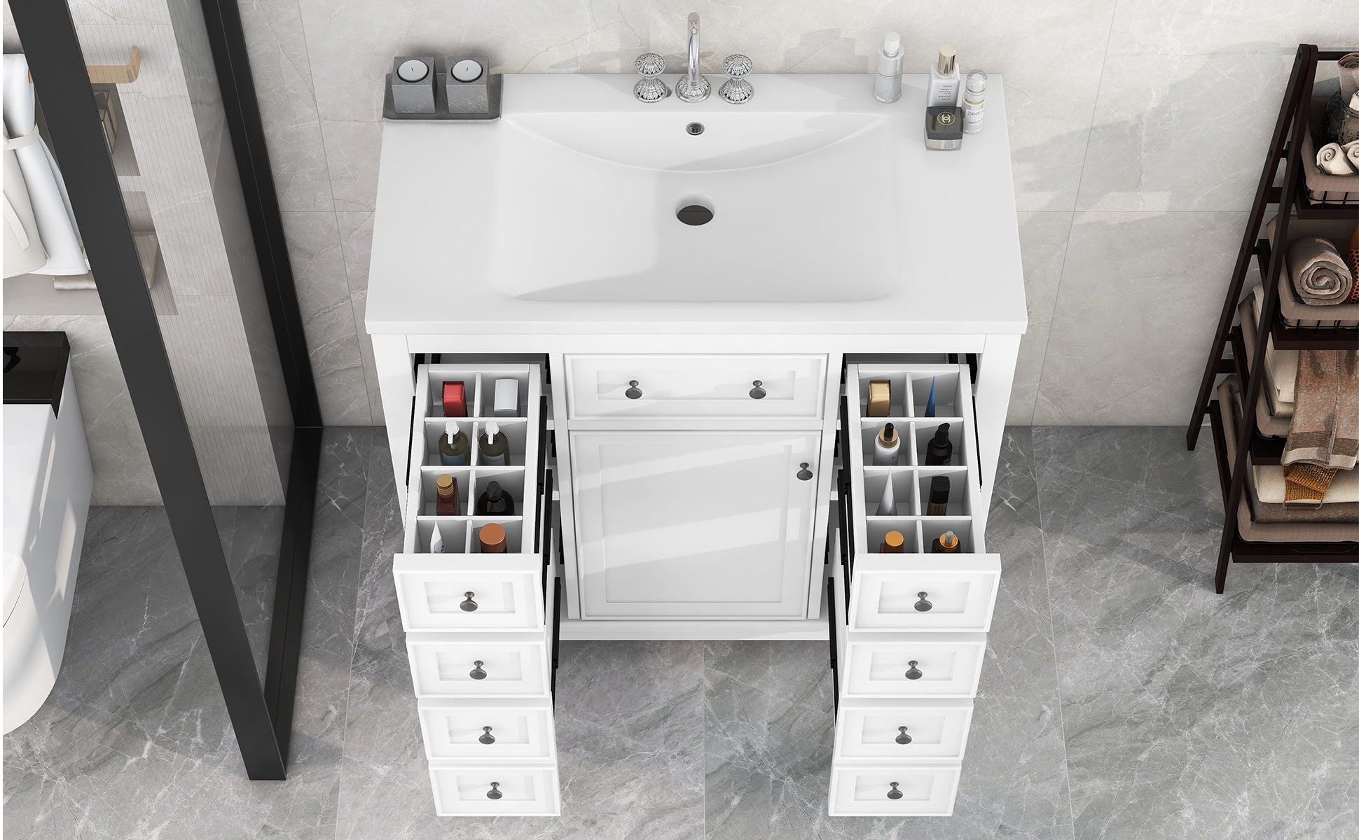 36" Bathroom Vanity With Sink Combo, One Cabinet And Six Drawers, Solid Wood And Mdf Board, White White Solid Wood Mdf