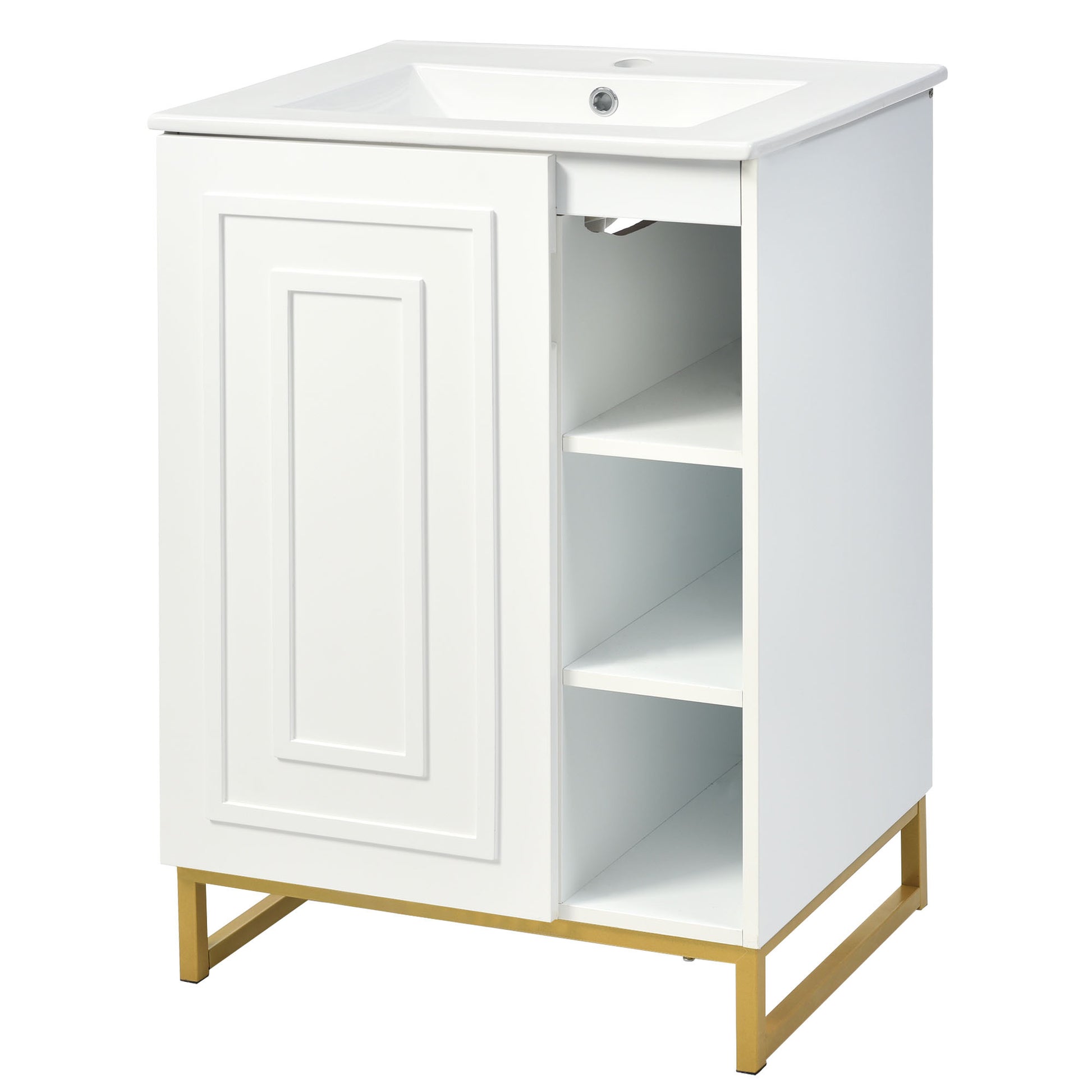 24Inch White Bathroom Vanity Sink Combo For Small Space, Modern Design With Ceramic Basin, Gold Legs And Semi Open Storage Faucet Not Included White Mdf