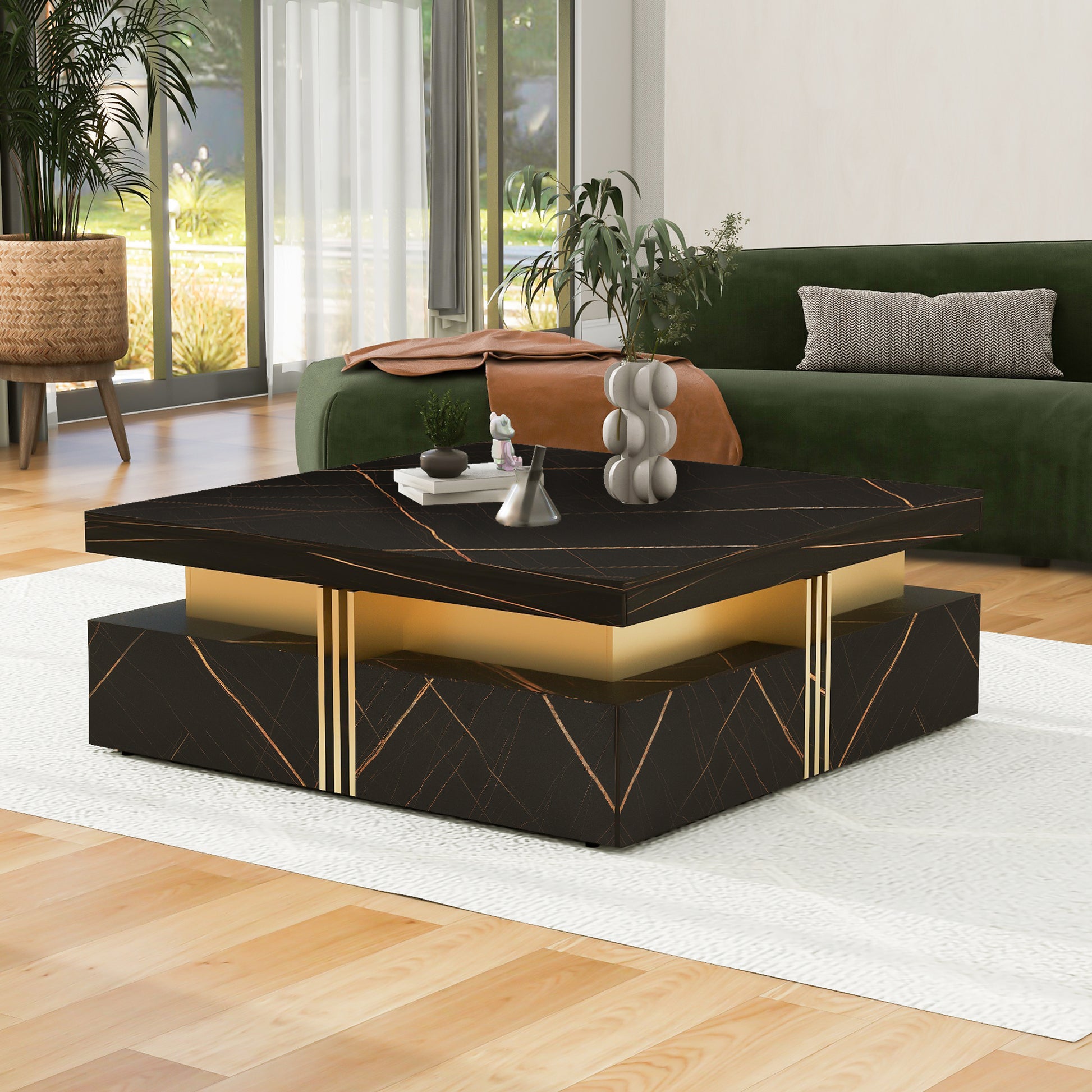 Modern Black Square Storage Coffee Table With 4 Drawers Black Mdf