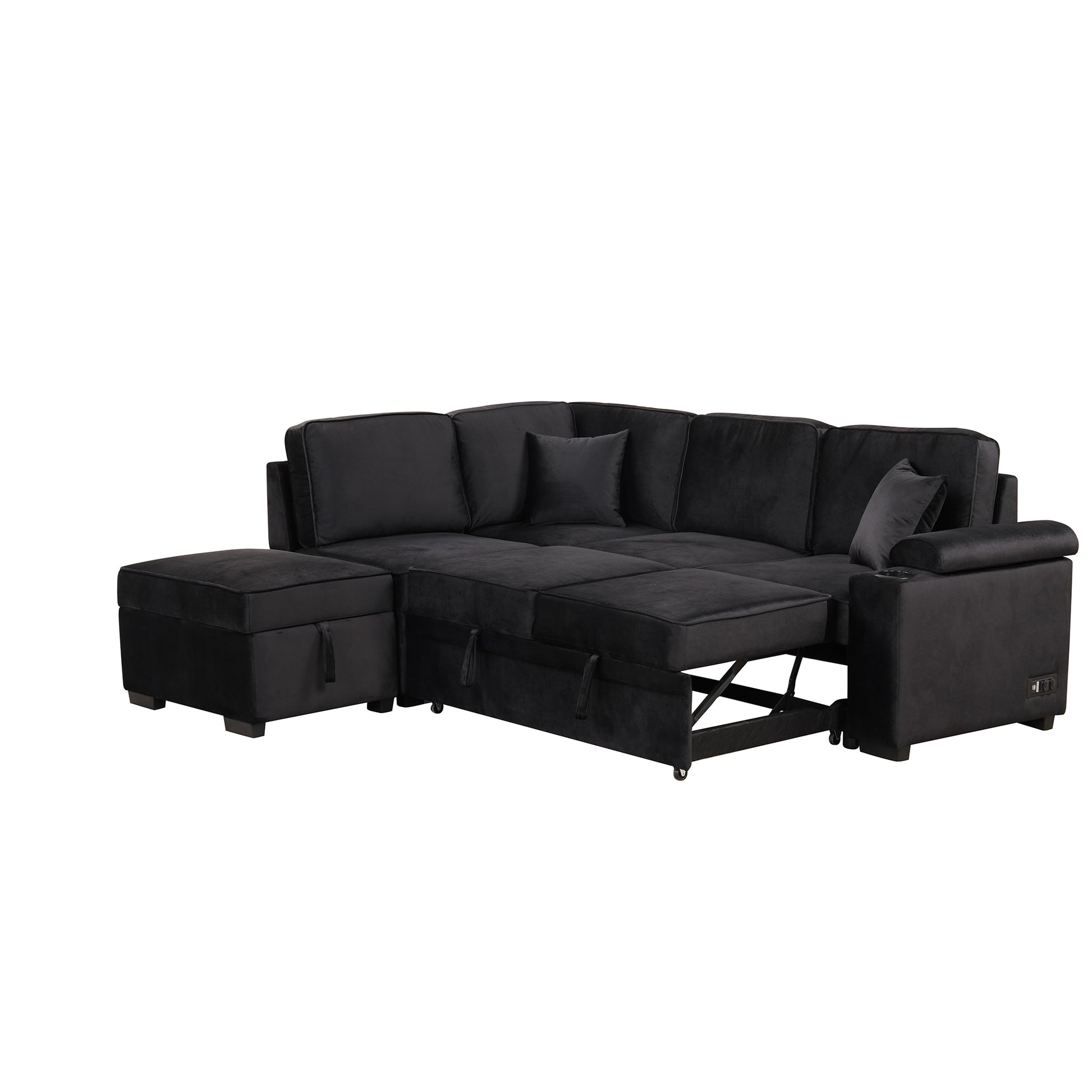 84.75" Sleeper Sofa Bed,2 In 1 Pull Out Sofa Bed L Shape Couch With Storage Ottoman For Living Room,Bedroom Couch And Small Apartment, Black Black Foam Velvet 4 Seat