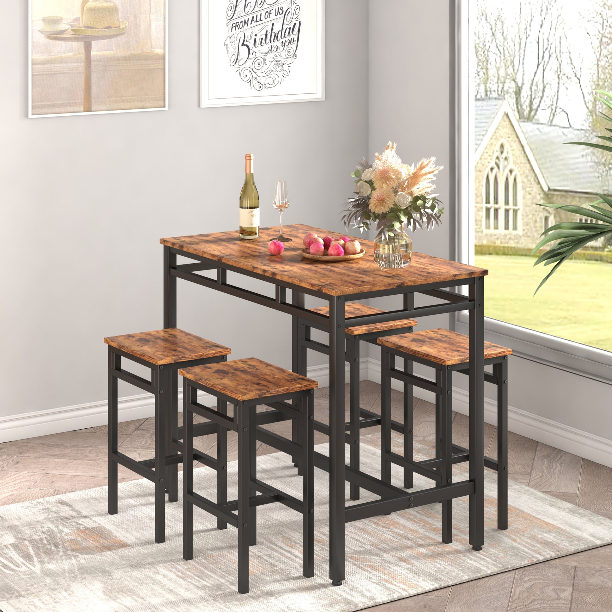 Bar Table Set 5Pc Dinging Table Set With High Stools, Structural Strengthening, Industrial Style. Rustic Brown, 43.31'' L X 23.62'' W X 35.43'' H. Rustic Brown Particle Board