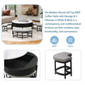 Modern Round Lift Top Coffee Table With Storage & 3 Ottoman White & Black Black Mdf