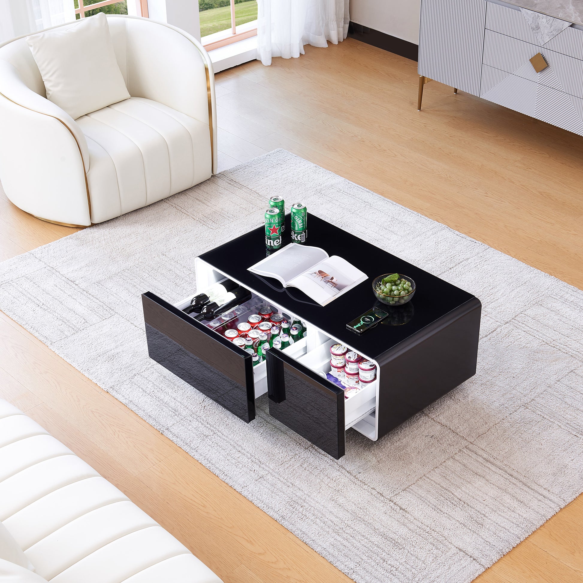 Smart Table Fridge, Multifunctional Coffee Table With Cooler And Frozen Black Tempered Glass
