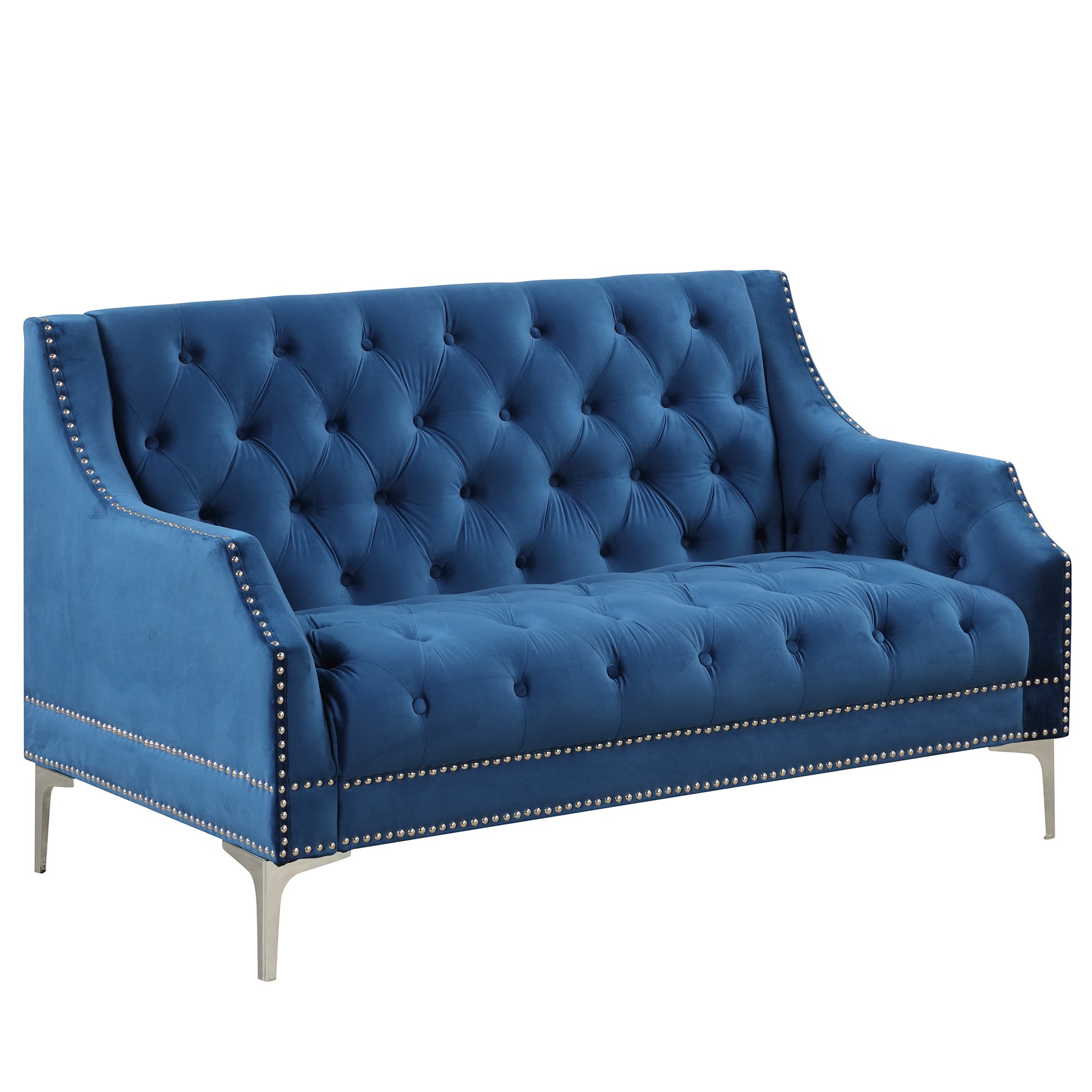 55.5" Modern Sofa Dutch Plush Upholstered Sofa With Metal Legs, Button Tufted Back Blue Blue Foam Polyester