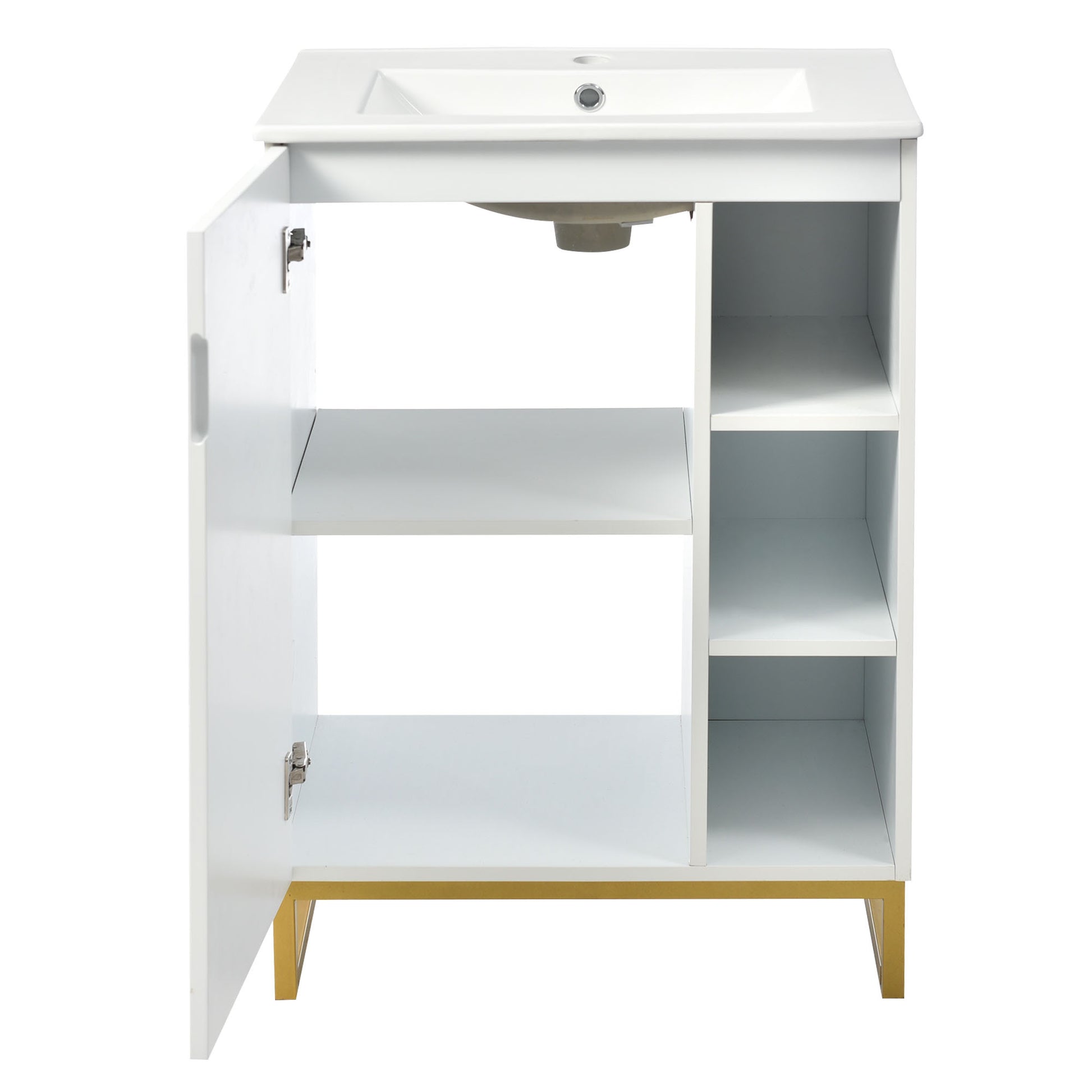 24Inch White Bathroom Vanity Sink Combo For Small Space, Modern Design With Ceramic Basin, Gold Legs And Semi Open Storage Faucet Not Included White Mdf