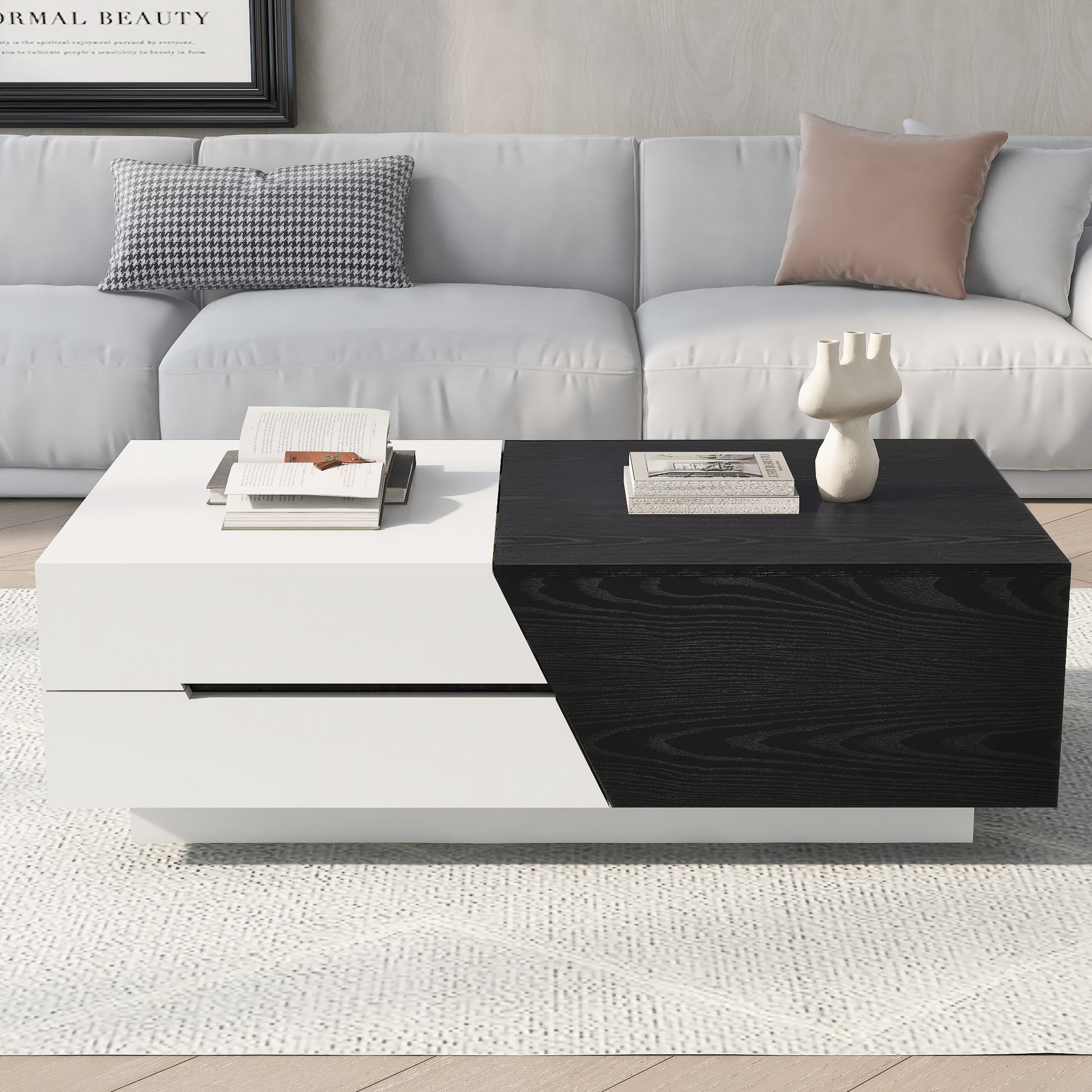 Modern Extendable Sliding Top Coffee Table With Storage In White&Black White Black Mdf