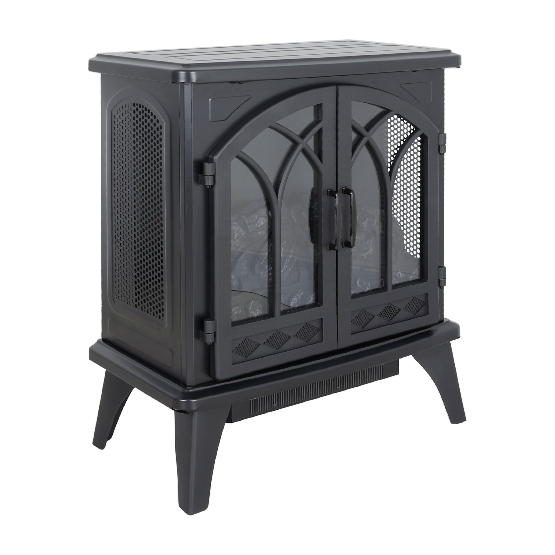 24 Inch 3D Flame Electric Infrared Quartz Fireplace Stove With Remote Control Powder Coated Electric Yes Antique Black Vent Free Yes Freestanding Tempered Glass Sheet Metal Electric