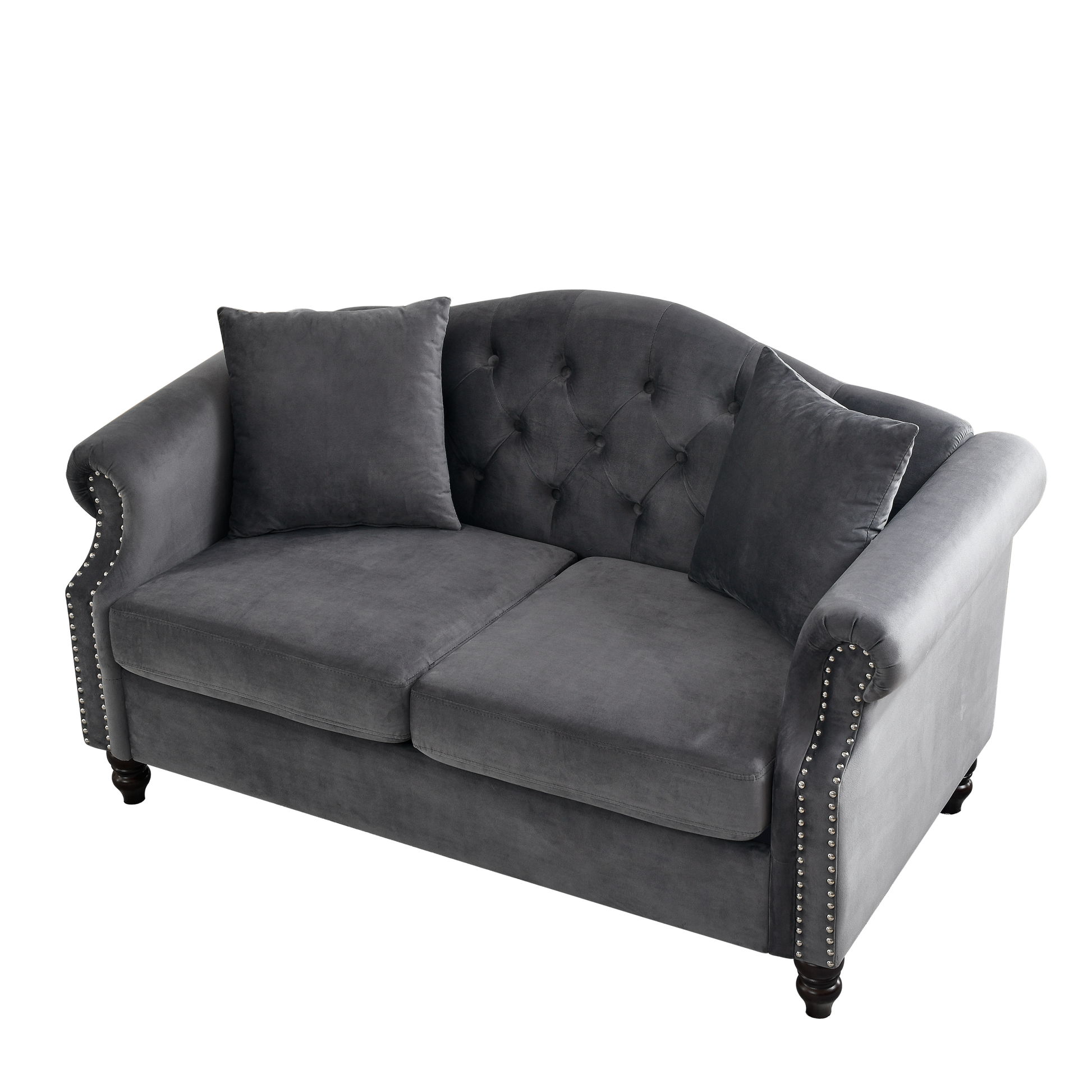 57" Chesterfield Sofa Grey Velvet For Living Room, 2 Seater Sofa Tufted Couch With Rolled Arms And For Living Room, Bedroom, Office, Apartment, Two Pillows Grey Foam Velvet