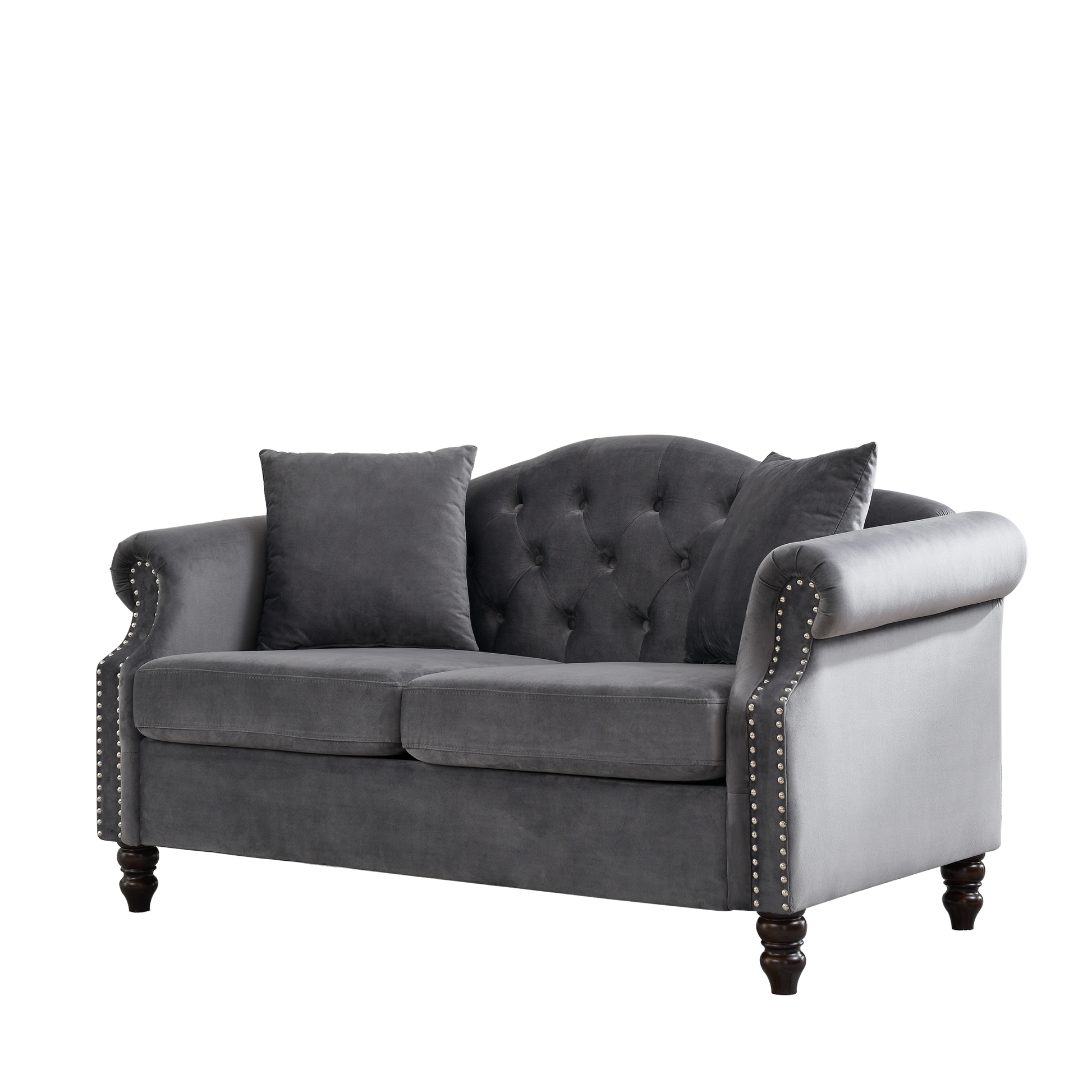 57" Chesterfield Sofa Grey Velvet For Living Room, 2 Seater Sofa Tufted Couch With Rolled Arms And For Living Room, Bedroom, Office, Apartment, Two Pillows Grey Foam Velvet