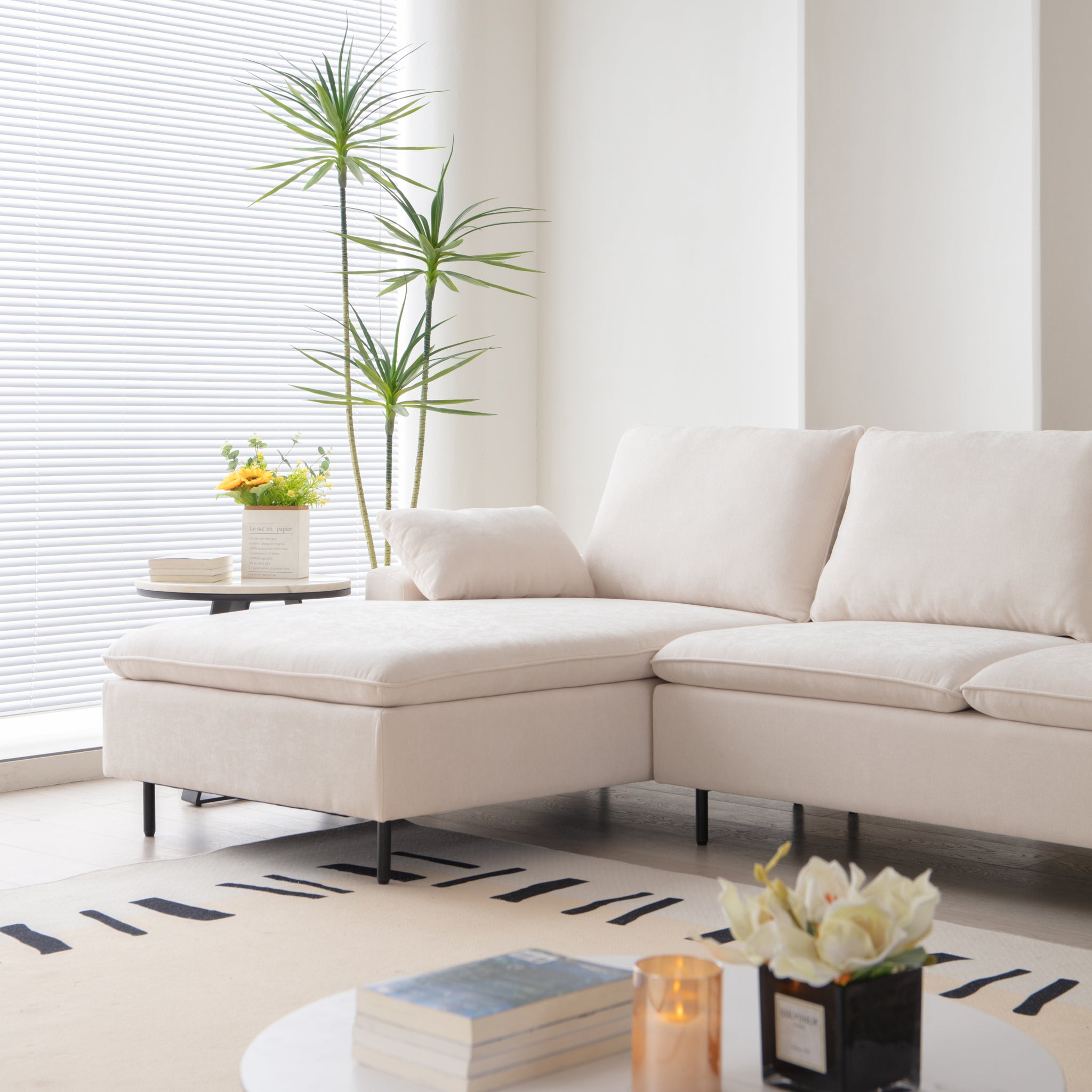 U Shaped linen sectional sofa with double beige-foam-fabric