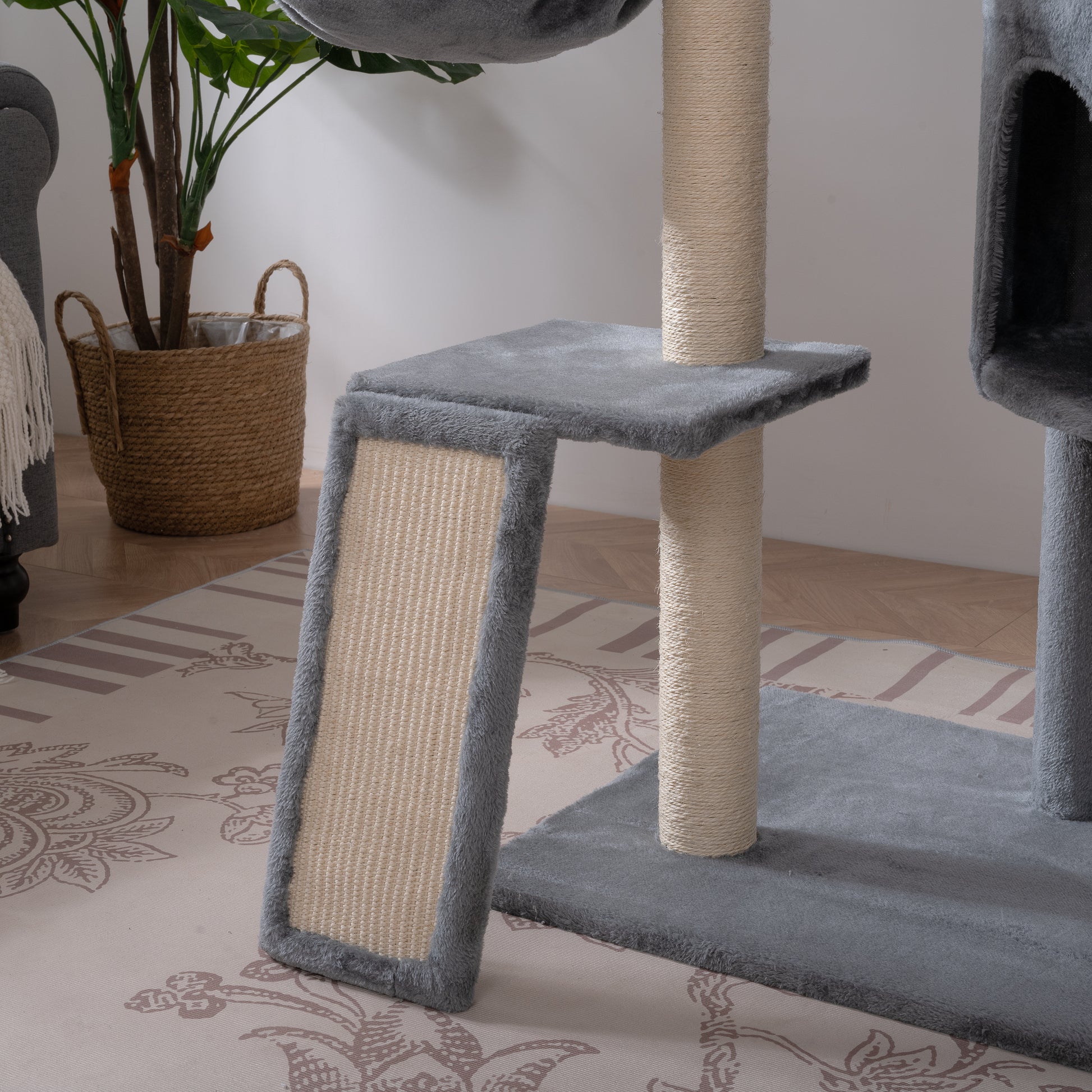 Cat Tree, 105 Inch Cat Tower For Indoor Cats, Plush Multi Level Cat Condo With 3 Perches, 2 Caves, Cozy Basket And Scratching Board, Gray Color Antique Gray Mdf