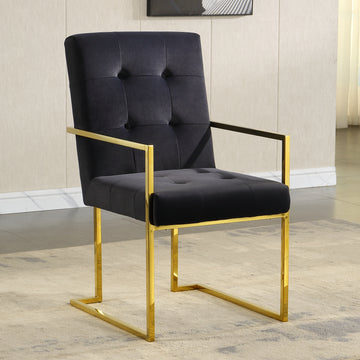 Modern Velvet Dining Arm Chair Set Of 1, Tufted Design And Gold Finish Stainless Base Black Velvet