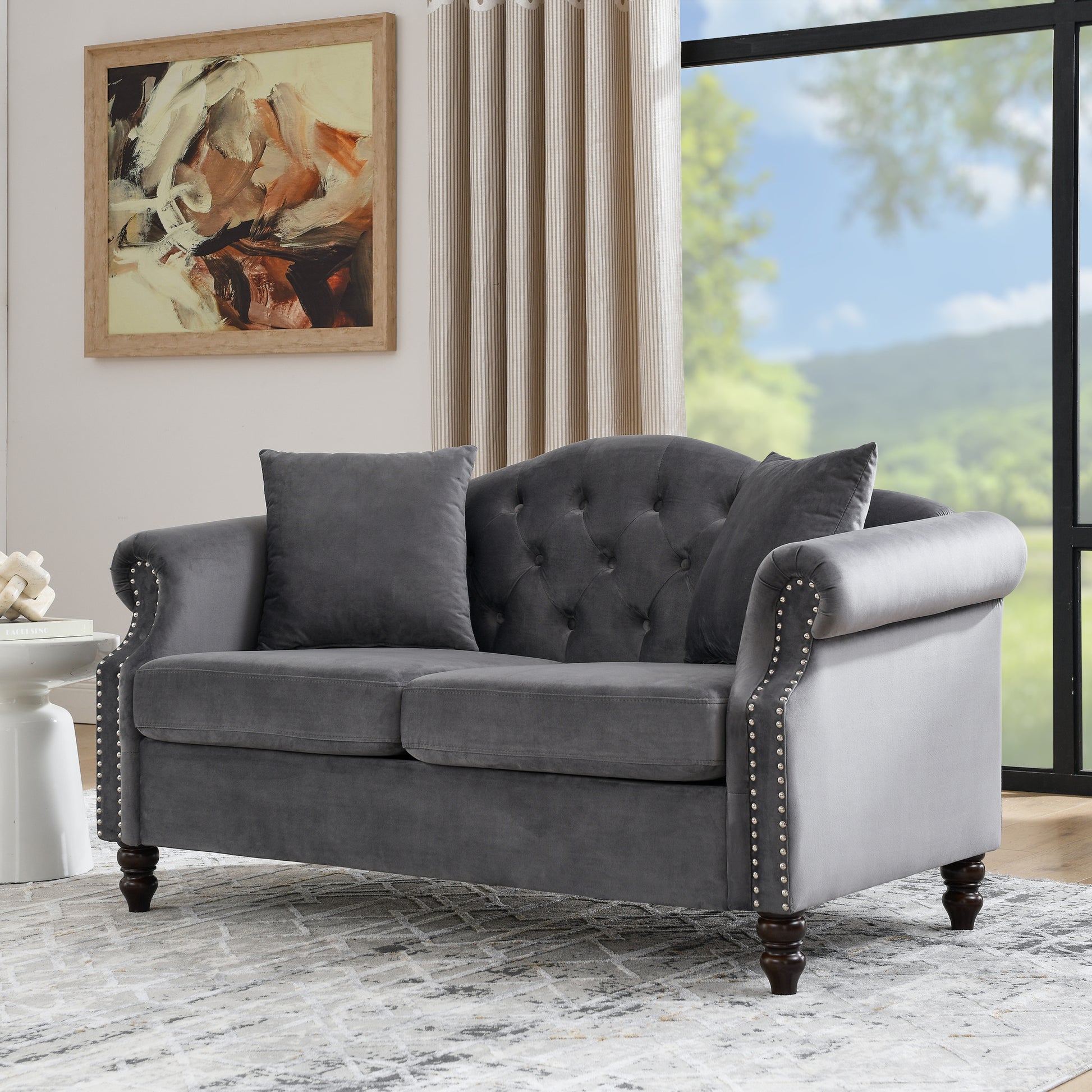 57" Chesterfield Sofa Grey Velvet For Living Room, 2 Seater Sofa Tufted Couch With Rolled Arms And For Living Room, Bedroom, Office, Apartment, Two Pillows Grey Foam Velvet