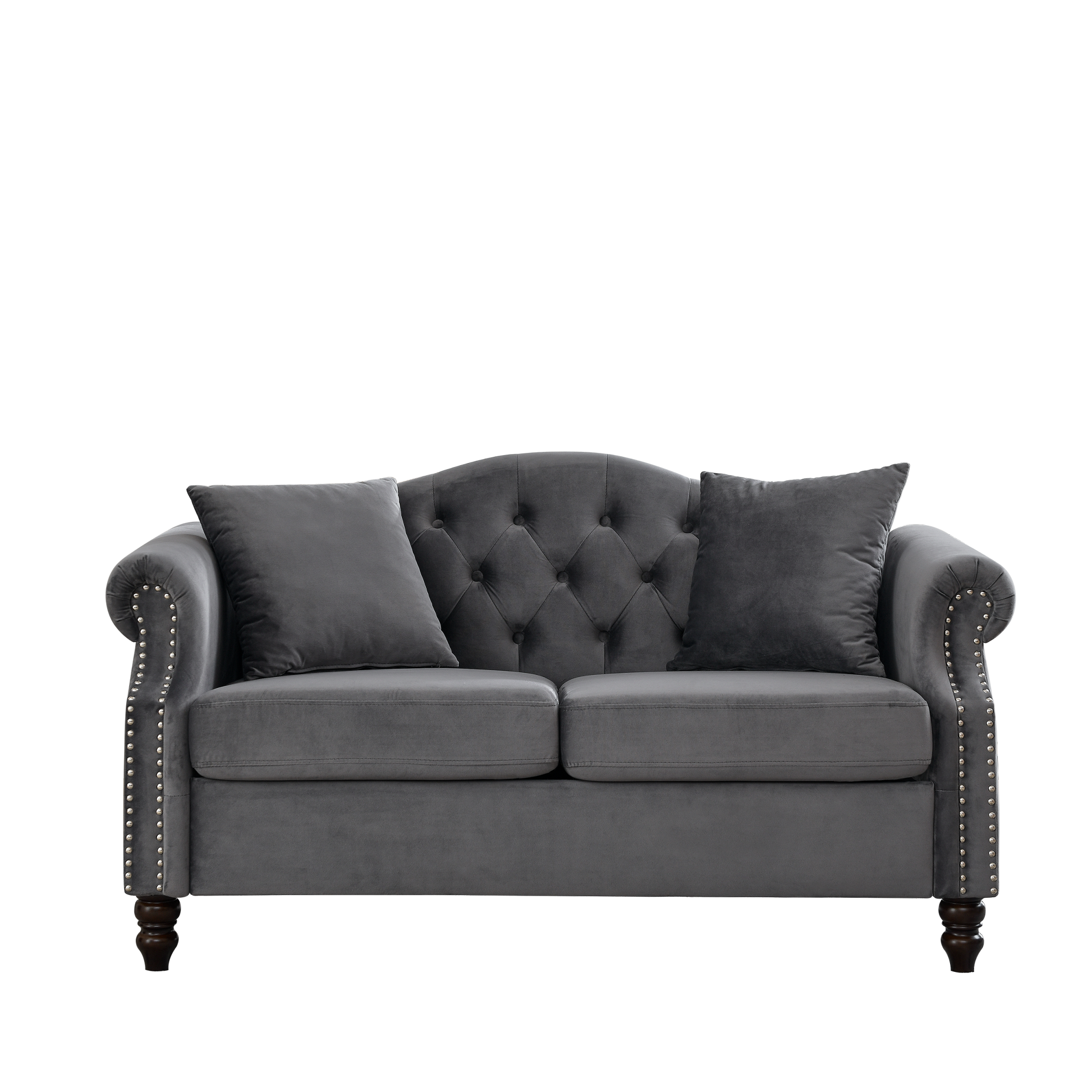 57" Chesterfield Sofa Grey Velvet For Living Room, 2 Seater Sofa Tufted Couch With Rolled Arms And For Living Room, Bedroom, Office, Apartment, Two Pillows Grey Foam Velvet