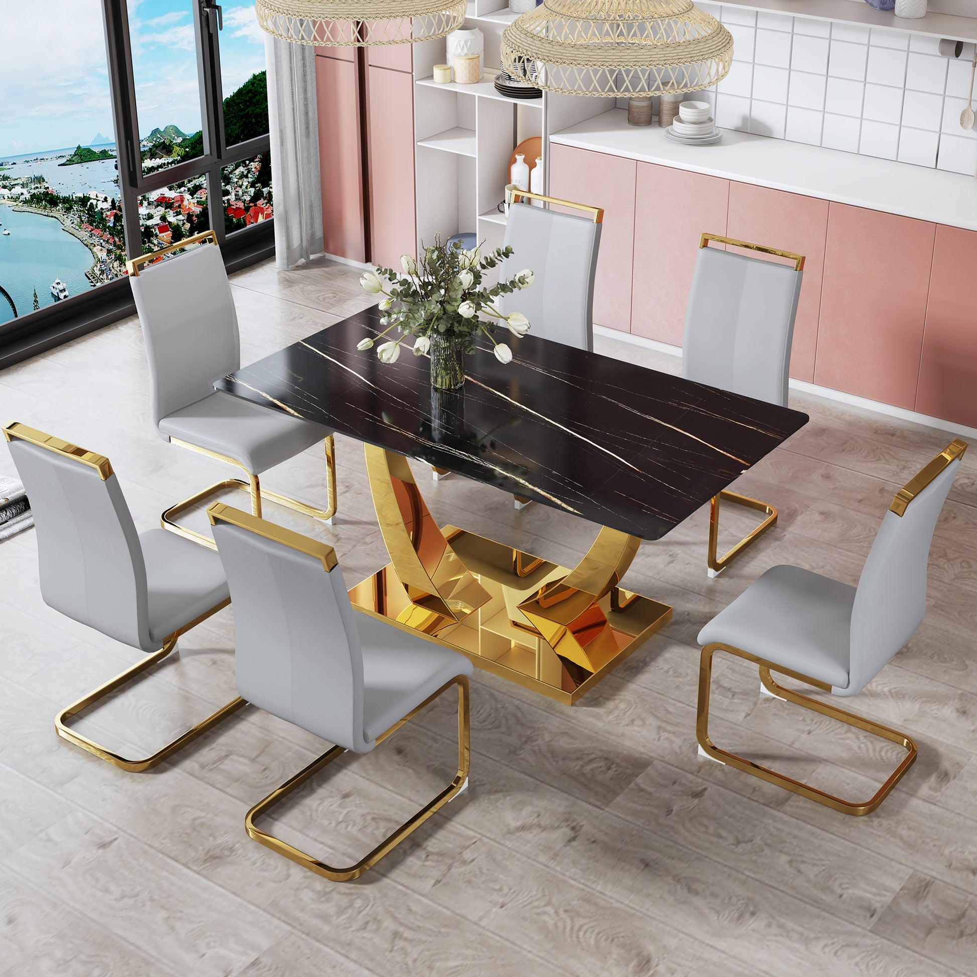 Modern Minimalist Rectangular Glass Dining Table, 0.4 "Thick, Black Sticker Glass Tabletop, Gold Plated Metal Legs. Used In Kitchens, Restaurants, And Living Rooms 63"*35.4"*30" F 1548 Black Gold