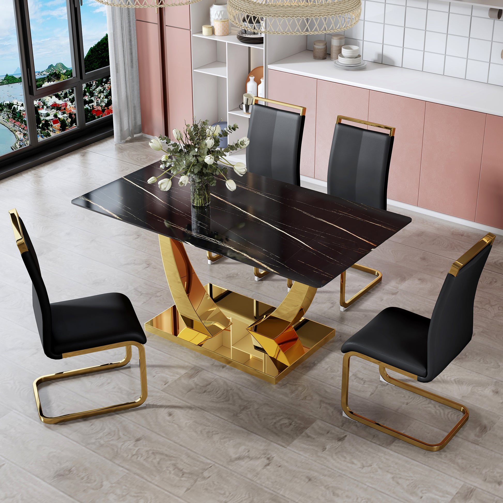 Modern Minimalist Rectangular Glass Dining Table, 0.4 "Thick, Black Sticker Glass Tabletop, Gold Plated Metal Legs. Used In Kitchens, Restaurants, And Living Rooms 63"*35.4"*30" F 1548 Black Gold