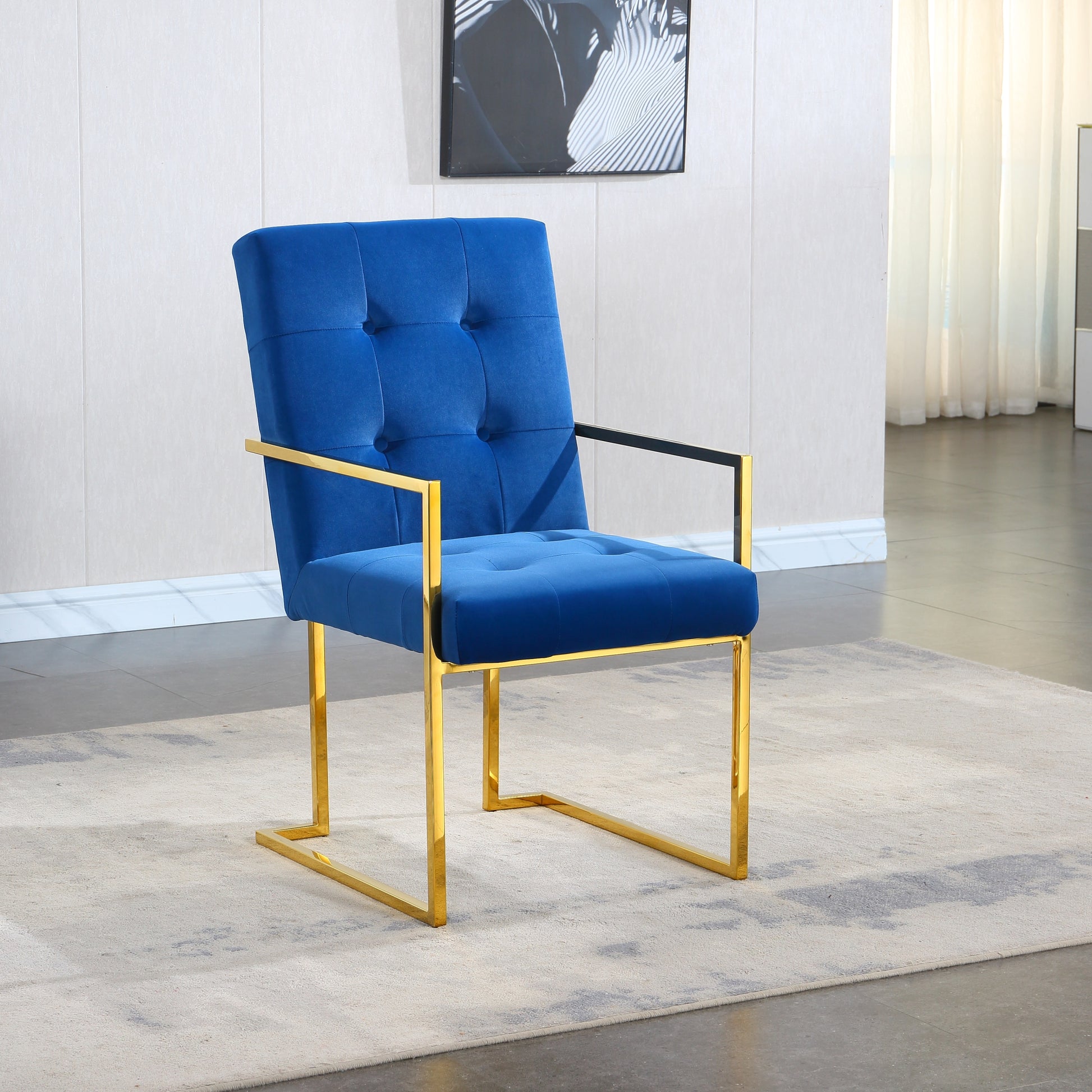 Modern Velvet Dining Arm Chair Set Of 1, Tufted Design And Gold Finish Stainless Base Blue Velvet