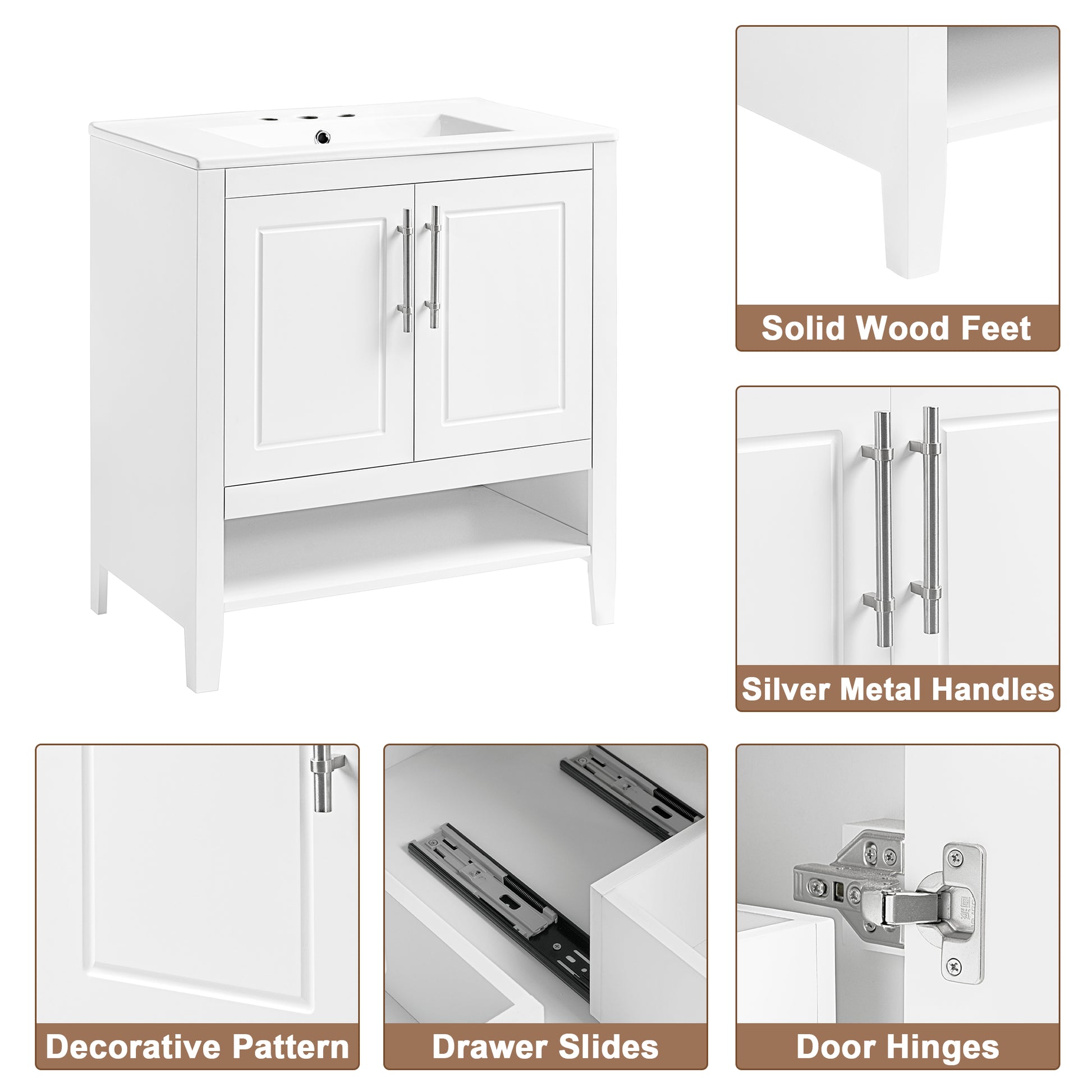 30" Bathroom Vanity With Sink, Multi Functional Bathroom Cabinet With Doors And Drawers, Solid Frame And Mdf Board, White White Solid Wood Mdf