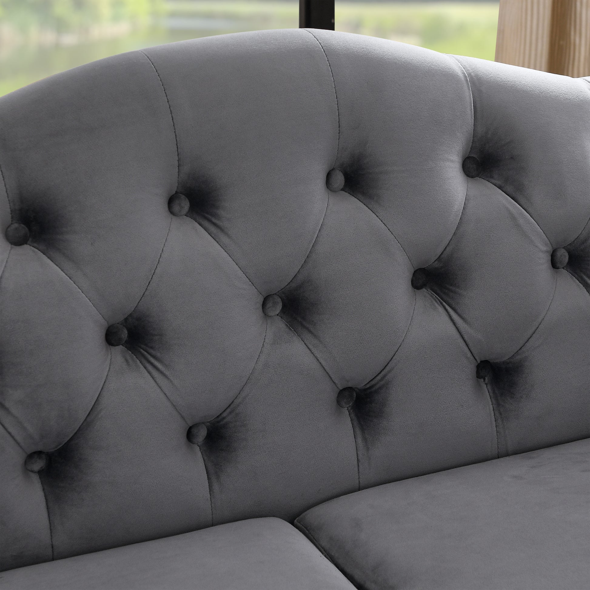 57" Chesterfield Sofa Grey Velvet For Living Room, 2 Seater Sofa Tufted Couch With Rolled Arms And For Living Room, Bedroom, Office, Apartment, Two Pillows Grey Foam Velvet